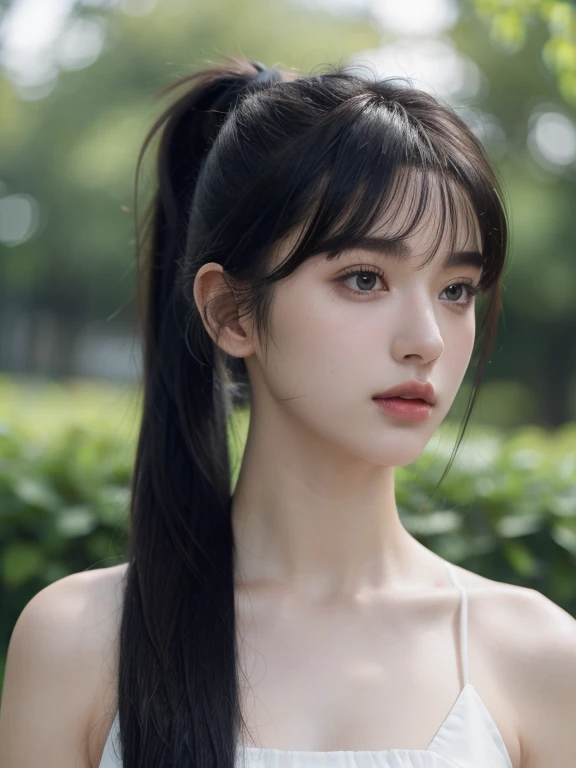 ( masterpiece, top quality, best quality,8k,17 years old girl,ultra detailed,raw photo:1.5),(photorealistic:1.4), (ponytail,parted bangs, black hair:1.5), (cinematic lighting), PerfectNwsjMajic, , Surrealism, UHD, ccurate, Super detail, textured skin, High detail, Best quality, dynamic angle, White skin,[Beautiful blue eyes], high nose,[flat chest:large breasts:0.5],(1girl),(good anatomy:0.5)),(outside )