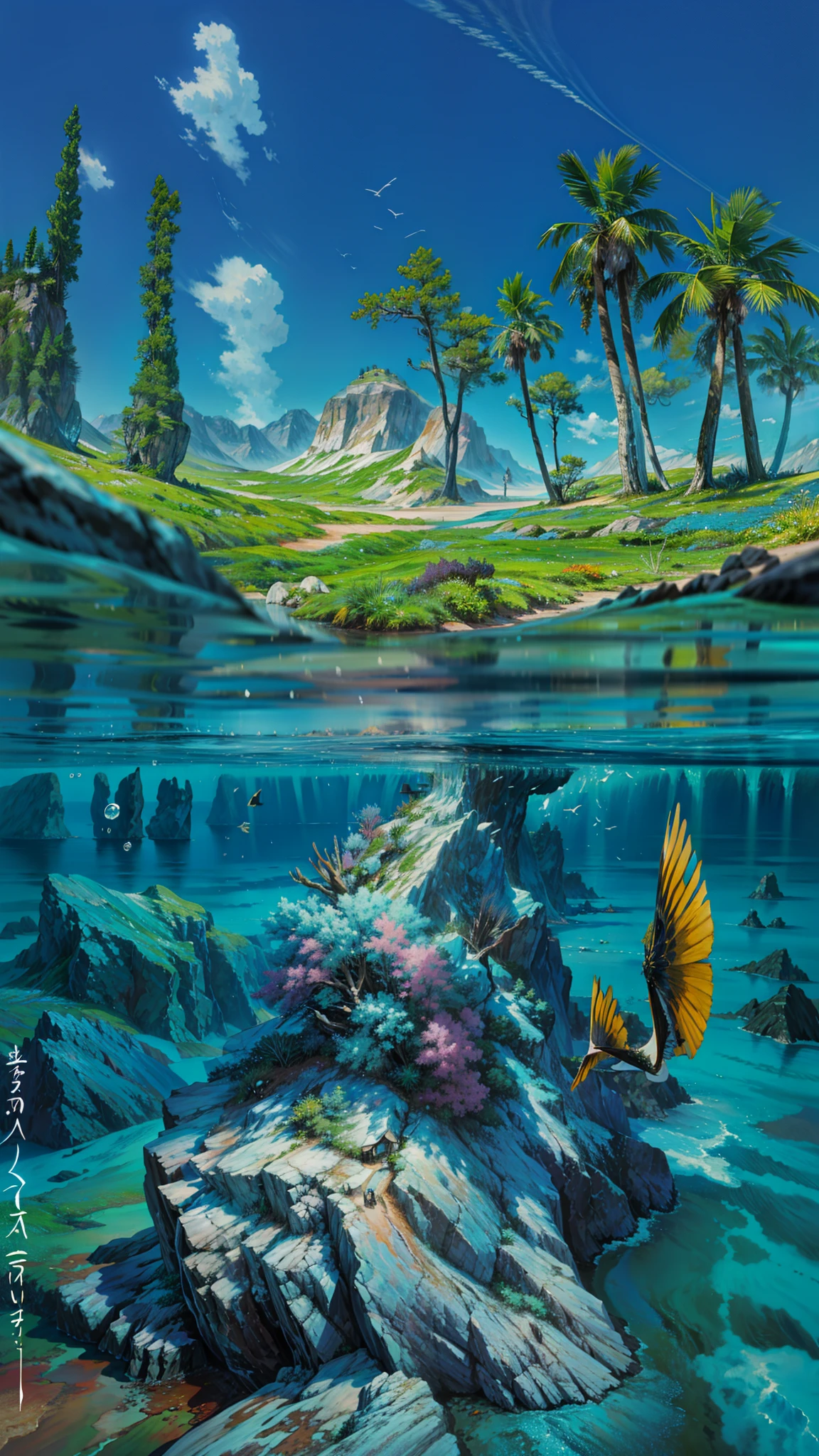 a painting of an ocean scene with a mountain in the background, fantasy sea landscape, by RHADS, ocean background setting, fantasy matte painting,cute, underwater landscape, ornate sea background, under water scenery, sea background, ocean background, underwater environment, underwater scenery, beautiful oil matte painting, underwater scene, matte painting”, matte painting ”, realistic ocean, 4k hd,, beautiful art uhd 4 k, a beautiful artwork illustration, beautiful digital painting, highly detailed digital painting, beautiful digital artwork, detailed painting 4 k, very detailed digital painting, rich picturesque colors, gorgeous digital painting