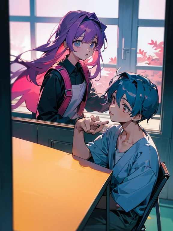 cartoon of two boys sitting at a table with a book and a backpack, ddlc, in the art style of 8 0 s anime, 9 0 s anime style, 90s anime style, in anime style, in an anime style, anime aesthetic, anime vibes, 9 0 s anime aesthetic, 9 0 s anime art style, lofi boy, typical anime classroom, beautiful background window, two cute boys, beautiful faces, two boys, don't extra hands, NO extra hands, generate two boys with NO extra hands, NO extra arm