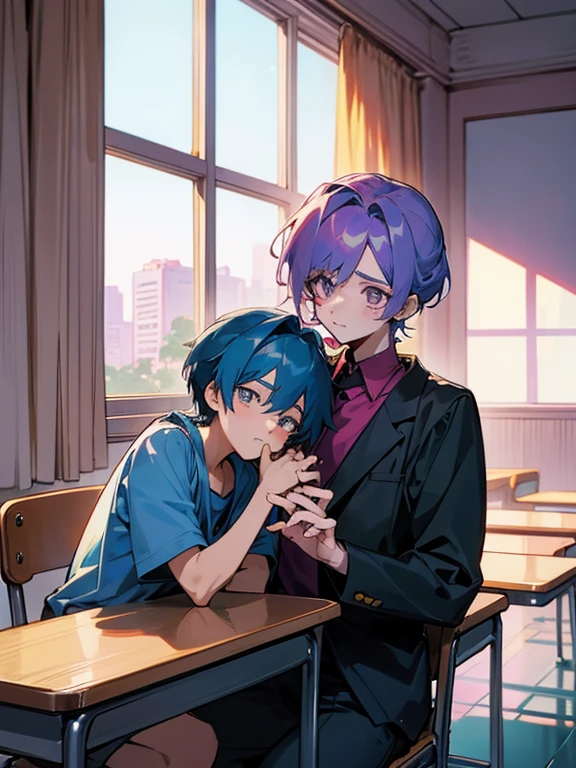cartoon of two boys sitting at a table with a book and a backpack, ddlc, in the art style of 8 0 s anime, 9 0 s anime style, 90s anime style, in anime style, in an anime style, anime aesthetic, anime vibes, 9 0 s anime aesthetic, 9 0 s anime art style, lofi boy, typical anime classroom, beautiful background window, two cute boys, beautiful faces, two boys, don't extra hands, NO extra hands, generate two boys with NO extra hands, NO extra arm