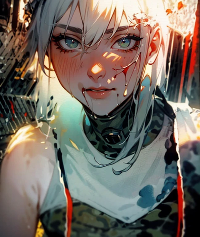 A stunningly beautiful young woman in an apocalyptic, devastated world, beautiful silver hair, Camouflage pattern combat suit, Portrait by Willem Henraets, watercolor, Wet-on-wet and splatter techniques, in the center, perfect composition, abstraction, surrealism, masterpiece, cinematic lighting, masterpiece