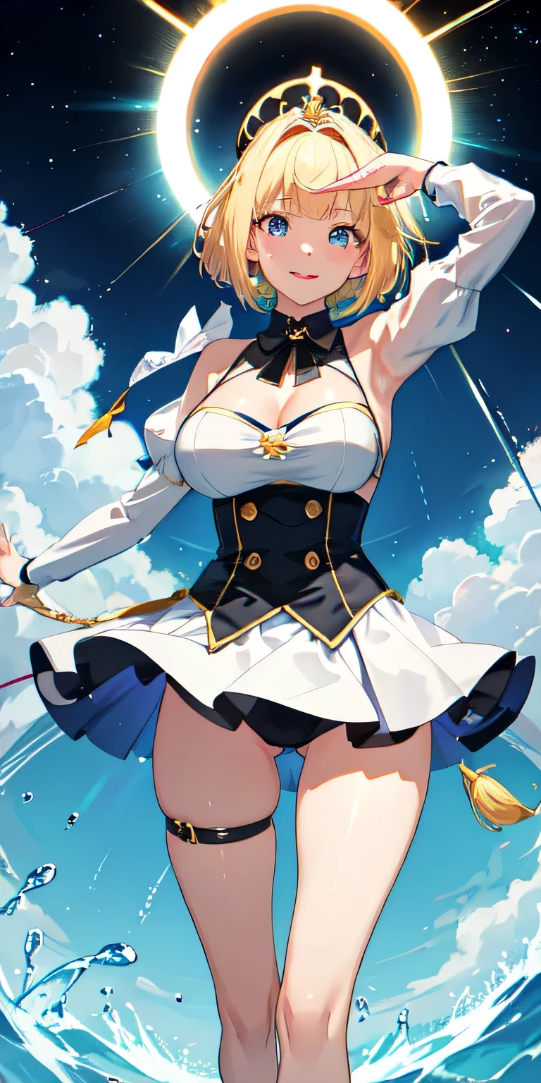 1 girl, bright, blonde, light blue eyes, star motif, short hair, Uniform bangs, colorful hair, Princess, dog, Salem, side light, particles of light, wallpaper, big, Plump, Idol, Idol costume, cute costumes, Great costumes, dress, bikini, Loose, fluffy, smile, kind, clear, swimsuit、restraint、Ahegao、Completely naked、big breasts、big breasts、restraint、rape