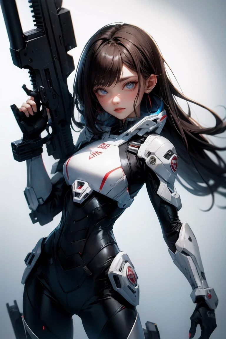High quality surreal female images. This woman is half Native American and half Jewish. Powerful, White skin. dark brown curly hair, black eyes. The woman is wearing a semi-futuristic battle suit. She has a gun and a knife strapped to her body. Beautiful woman with a bad smile. Her eyes are full of.