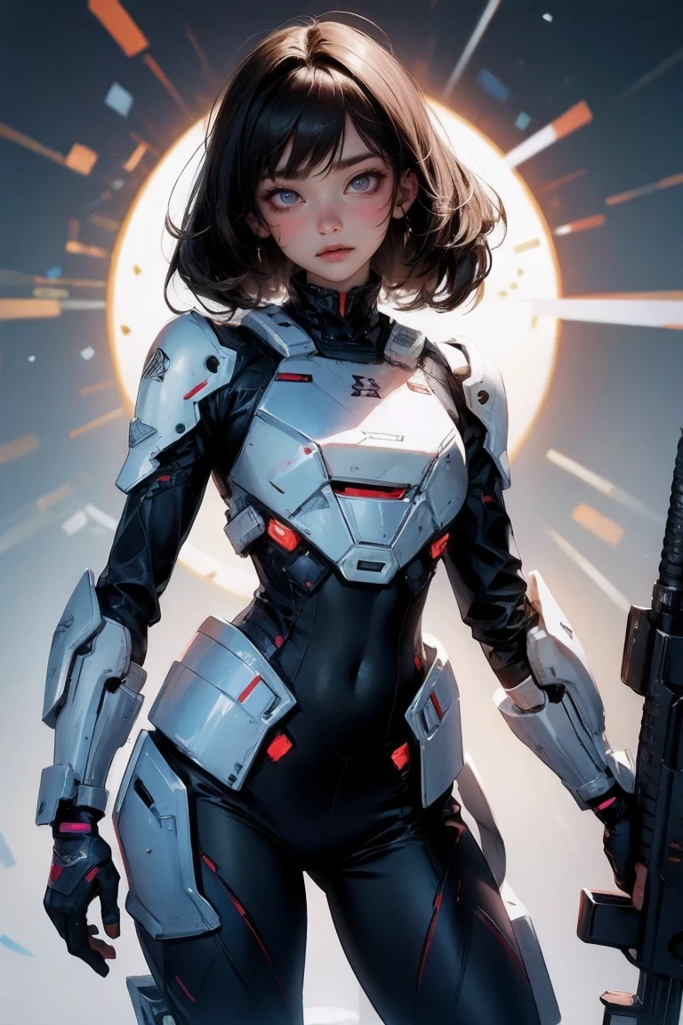High quality surreal female images. This woman is half Native American and half Jewish. Powerful, White skin. dark brown curly hair, black eyes. The woman is wearing a semi-futuristic battle suit. She has a gun and a knife strapped to her body. Beautiful woman with a bad smile. Her eyes are full of.