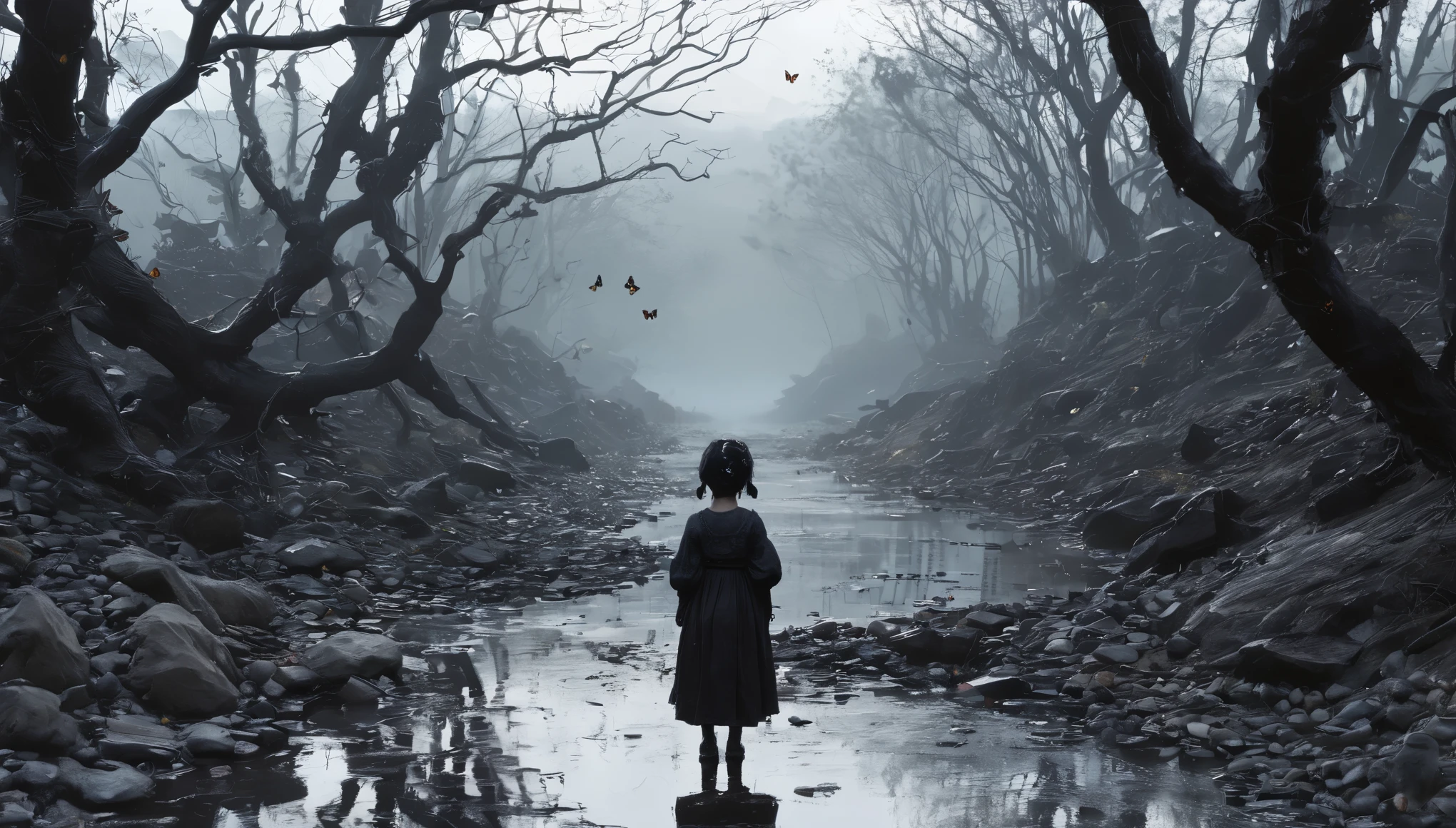 full body length,Quartz Manganite girl plays with doll,pretty face,eyebrow up,full body shot,ominous landscape,Fluorite Wulfenite atmosphere,by art Simon Stalenhag,Nicola Samori,Wangechi Mutu,prime colors,urban,extremely detailed,masterpiece,intricate details,faded,eyes extremely detailed, high detailed eyes,4k resolution,RAW, Nikon Z9,scary town,Stone Forest in Yunnan Province of China,(fairy:1.5),(niobium theme:1.5),(dark horror theme:1.5),(thriller:1.5),(inspiration from Stephen King:1.5),(dark fantasy:1.5), (ink and watercolor painting:1.5), (black and white color:1.5), 8k, 4k, (landscapes:1.5),(A large number of butterflies fly towards the viewer:1.5),(ruined:1.5),(ruined village:1.5),(1800s:1.5), (ruined theme:1.5),(lots of flying butterflies:1.5),(puddle:1.5),(Unpaved roads:1.5),(absurderes:1.5),(fantastic:1.5),(best quality:1.5),(masterpiece:1.5),best quality, ultra-detailed, realistic, portraits, dark and eerie atmosphere, glowing eyes, ethereal presence, hauntingly beautiful, ghostly figures, swirling mists, supernatural entities, demonic essence, shadowy forms, eerie whispers, sinister aura, hauntingly pale skin, dark and twisted branches, flickering candlelight, macabre elements, mysterious and enigmatic, spectral apparitions, gothic art style, hauntingly captivating, spectral realm, hauntingly melancholic, otherworldly beauty, ethereal glow, hauntingly haunting, chilling and atmospheric, eerie and ominous lighting.