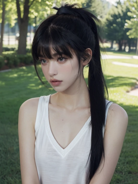 ( masterpiece, top quality, best quality,8k, girl,ultra detailed,raw photo:1.5),(photorealistic:1.4), (ponytail,parted bangs, black hair:1.5), (cinematic lighting), PerfectNwsjMajic, , Surrealism, UHD, ccurate, Super detail, textured skin, High detail, Best quality, dynamic angle, White skin,[Beautiful blue eyes], high nose,[flat chest:large breasts:0.5],(1girl),(good anatomy:0.5)),(outside )