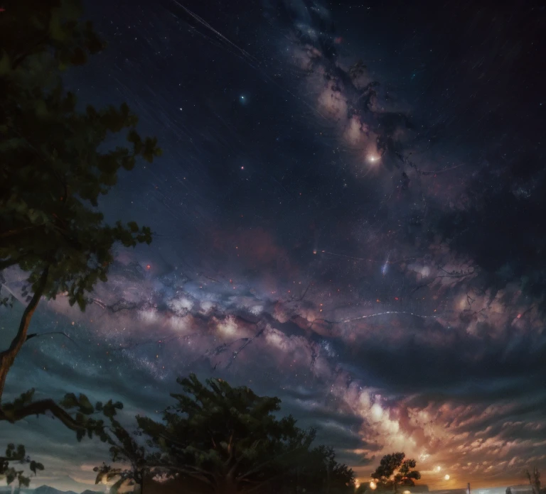 there is a stop sign that is in the middle of a tree, twilight sky, sky night, instant photograph of the sky, dusk sky, stary sky, with vibrant sky, evening sky, calm night. over shoulder shot, gloomy lights in the sky, dreamy sky, beautiful dusk sky, on a clear night sky, the sky is a starry sky, sky setting