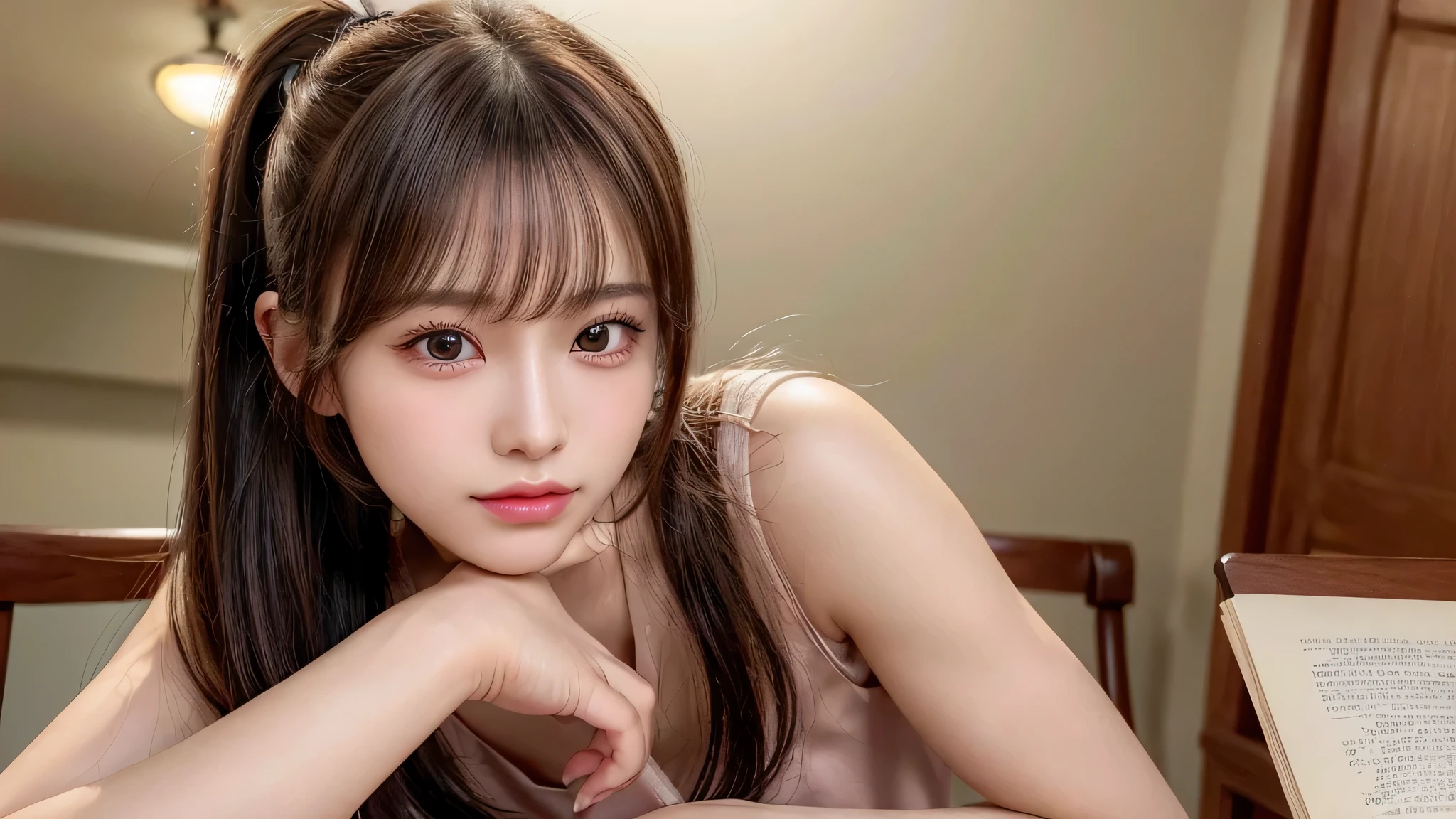 only one,One woman,Room at home, studying at a desk, sitting in a chair, reading a book,blush,small breasts,,long hair ponytail,((8K, Raw photo, best quality, muste piece:1.2), (Reality, photorealistic:1.4), (Highly detailed 8K wallpaper), Depth of the bounds written, cinematic lighting, soft light, detailed beauty eye,Shiny and smooth light brown ponytail, asymmetrical bangs, shiny skin, super detailed skin ,high resolution, high detail, detailed hairstyle, detailed beauty face, hyper real, perfect limbs, perfect anatomy ,1 Japanese girl,famous japanese idol, perfect female body,shy smile,short eyelashes,double-edged eyelids,look straight here,Hair style is ponytail、Neat clothes