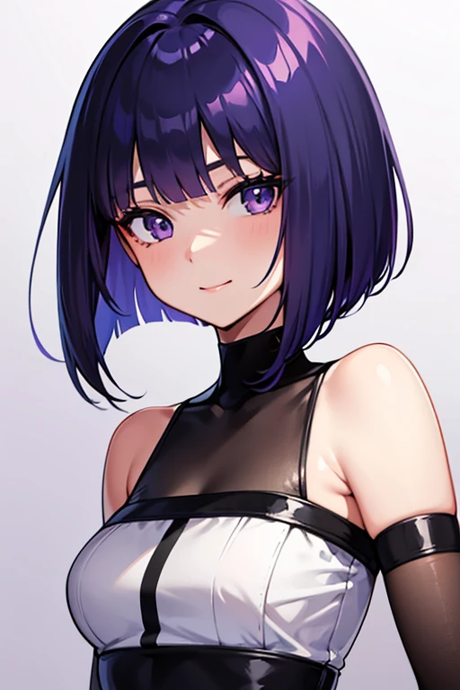 Anime-style portrait of a girl with a dark violet bob cut making eye contact with the camera, bright eyes, baby face, subtle smile, minimalistic background to emphasize character, high contrast, clean lines, digital painting, vivid colors