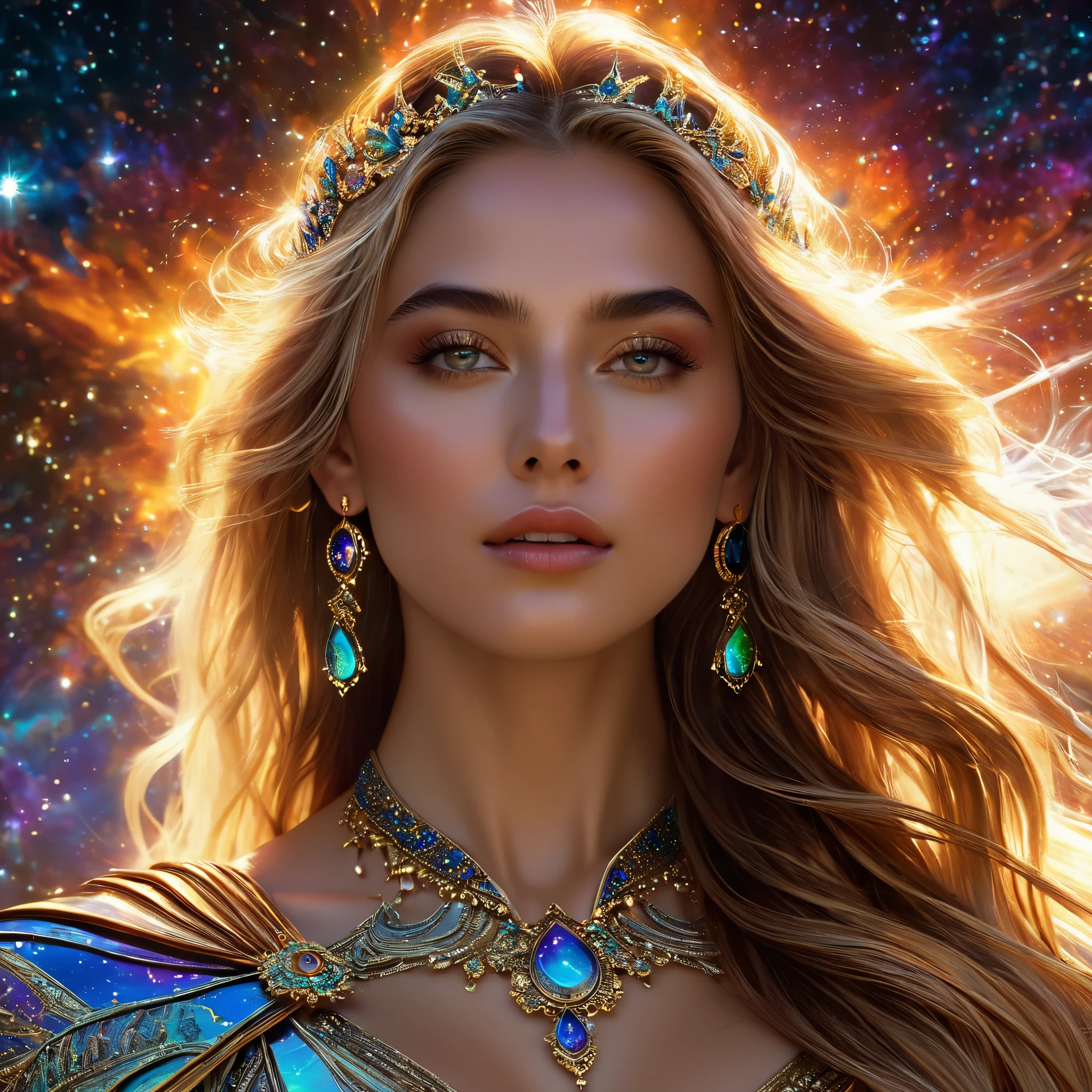 (Highest Quality,High Resolution,Masterpiece:1.2),Ultra-Detailed,(Realistic,Photorealistic,Photorealistic:1.37)(goddess of cosmic love:1.1,beautiful:1.1,astral body:1.1),divine goddess,celestial beauty,supernatural presence,spectacular cosmic entity,majestic celestial being,dazzling aura,ethereal radiance,transcendent elegance,(luminous energy:1.1),(immortal deity:1.2),heavenly grace,mystical attire,serene expression,golden hair flowing,(shimmering eyes:1.1),(ethereal beauty:1.1),magnificent celestial realm,divine love and compassion,colorful nebulae dancing in the background,glowing stardust particles floating around her,galaxies swirling around her as her divine power expands,infinite space stretching far beyond the horizon,hint of magic(twinkle of magic:1.1),cosmic rays bathing the scene in a celestial glow,(vibrant hues:1.1),(cosmic colors:1.1),soothing color palette,evoking feelings of peace and tranquility,majestic divine presence that fills the whole universe,magical atmosphere,(delicate details:1.1),fine brushstrokes creating intricate patterns,(ethereal strokes:1.1),(dreamlike strokes:1.1),highly detailed rendering of her celestial features,subtle gradients giving depth to the image,meticulously crafted textures that bring her to life,impeccably realistic portrayal,(impressive definition:1.1),(stunning realism:1.1),immaculate attention to detail as every strand of hair is visible,(impeccable photorealism:1.1),(ultra-detailed illustration:1.1),(masterpiece of art:1.1),perfectly composed composition with balanced lighting and shadows,soft yet vibrant illumination highlighting her divine beauty,magical glow emanating from her celestial body,subtle highlights and shadows adding depth and dimension,(sublime luminosity:1.1),(ethereal lighting:1.1),(radiant glow:1.1),(harmonious lighting:1.1)