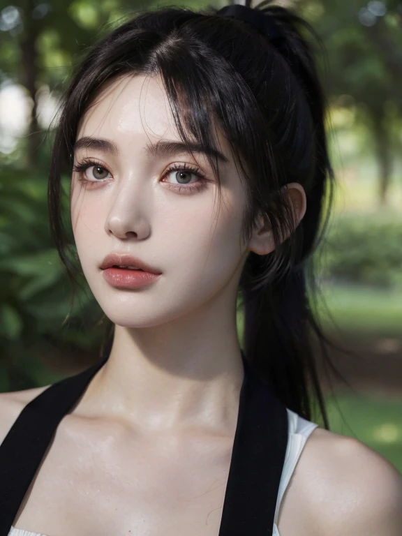 ( masterpiece, top quality, best quality,8k,17 years old girl,ultra detailed,raw photo:1.5),(photorealistic:1.4), (ponytail,parted bangs, black hair:1.5), (cinematic lighting), PerfectNwsjMajic, , Surrealism, UHD, ccurate, Super detail, textured skin, High detail, Best quality, dynamic angle, White skin,[Beautiful blue eyes], high nose,[flat chest:large breasts:0.5],(1girl),(good anatomy:0.5)),(Portrait:1.5),(outside )