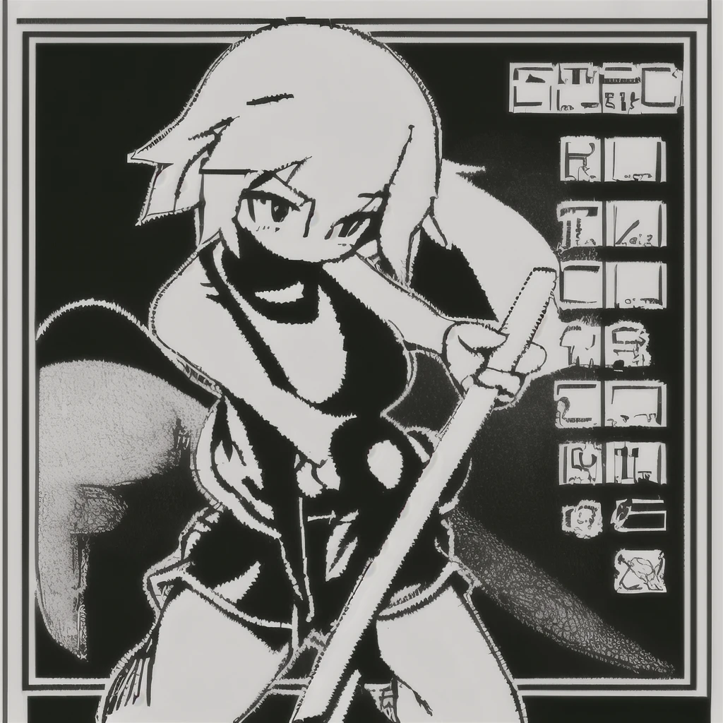 female, solo, long wavy white hair, black tank top and black shorts, monochrome, black and white, katana sword