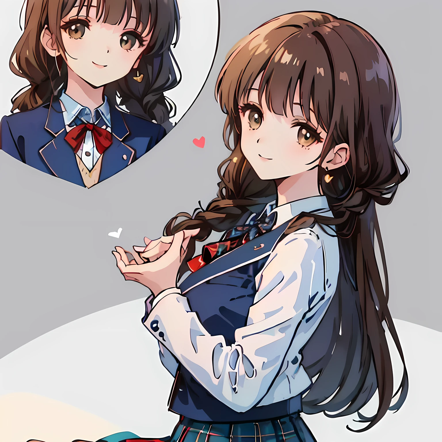 highest quality, (masterpiece:1.2), High resolution, perfect pixel, ((Three so beautiful sirens)), , (((big very detailed beautiful dark brown eyes))), ((girly large wine-red glossy polyester Japanese school ribbon bow tie)), ((((very beautiful long straight straight hair)))), ((((dark blue & deep navy colored tartan checkered formal skirt)))), ((A formal dark blue blazer that is slightly oversized and has an emblem on the left chest.)), ((Looking up at the viewer and smiling)), Very fun, Very happy, mouth is open, the skirt is so cute, detailed fingers, modest chest, ((curled bangs)), ((Lip balm)), so beautiful, long eyelashes, (((Touching your hair with your hands))), ((Showing viewers the beauty of straight hair)), ((very big girly hair ribbons)), ((Impressive and very beautiful eyes)), (((shot from the side))), double eyelids, The entire skirt is photographed, ((Showing viewers the beauty of straight hair)), Lovely heart-shaped golden earrings, very kind face