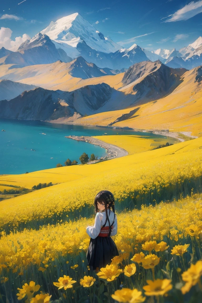 (best quality), 4K, landscape illustration, Qinghai, Kumbum Temple, Menyuan Canola Flower, Qinghai Lake, Kunlun Mountain, Travel enthusiast