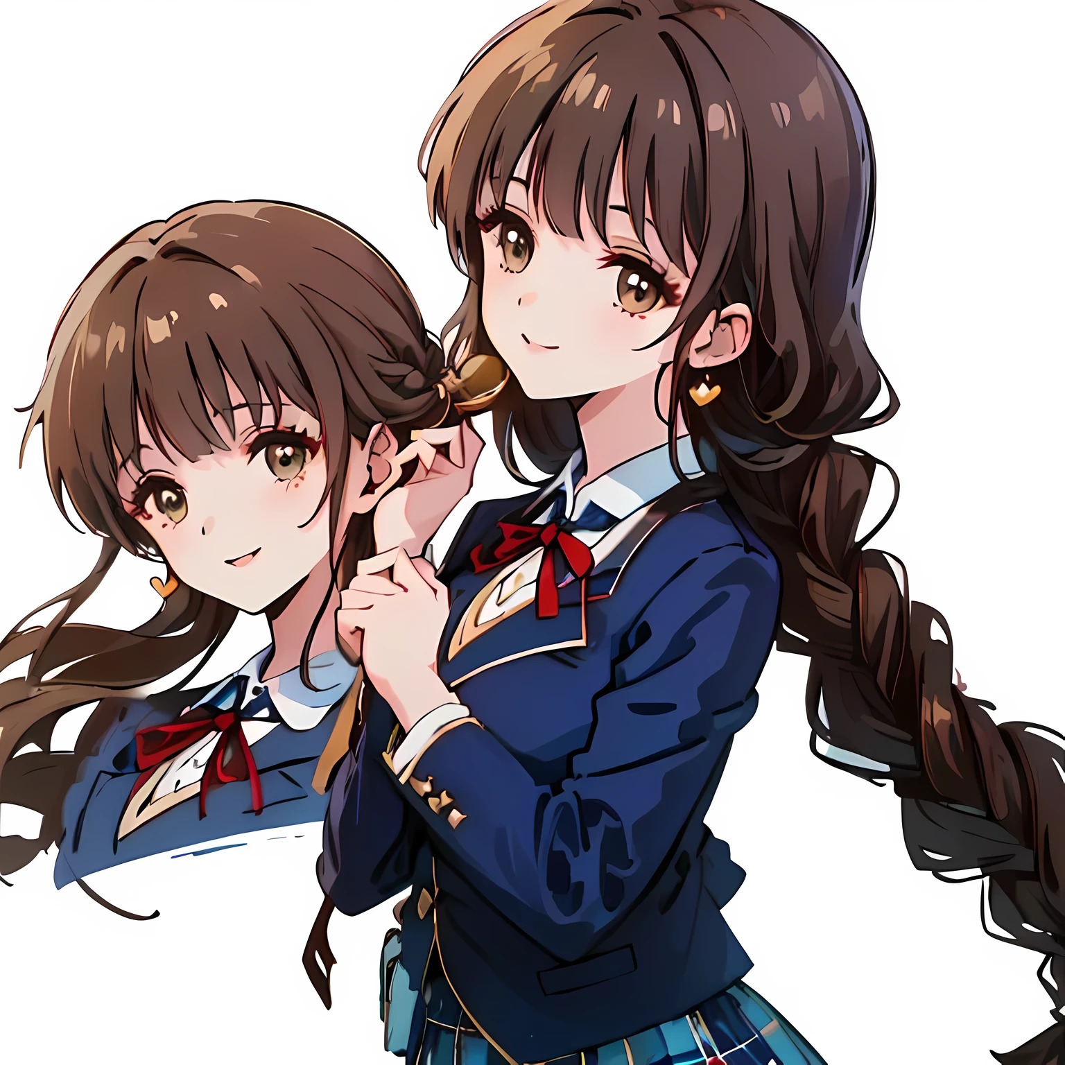 highest quality, (masterpiece:1.2), High resolution, perfect pixel, ((Three so beautiful sirens)), , (((big very detailed beautiful dark brown eyes))), ((girly large wine-red glossy polyester Japanese school ribbon bow tie)), ((((very beautiful long straight straight hair)))), ((((dark blue & deep navy colored tartan checkered formal skirt)))), ((A formal dark blue blazer that is slightly oversized and has an emblem on the left chest.)), ((Looking up at the viewer and smiling)), Very fun, Very happy, mouth is open, the skirt is so cute, detailed fingers, modest chest, ((curled bangs)), ((Lip balm)), so beautiful, long eyelashes, (((Touching your hair with your hands))), ((Showing viewers the beauty of straight hair)), ((very big girly hair ribbons)), ((Impressive and very beautiful eyes)), (((shot from the side))), double eyelids, The entire skirt is photographed, ((Showing viewers the beauty of straight hair)), Lovely heart-shaped golden earrings, very kind face