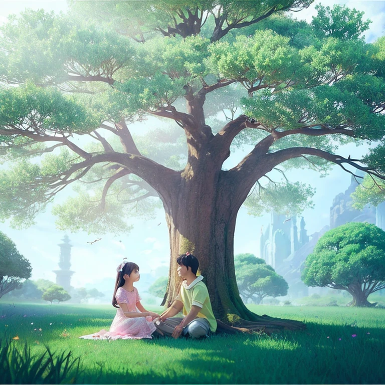 fantasy、One big tree、pastel colour、free、A world like a picture book、