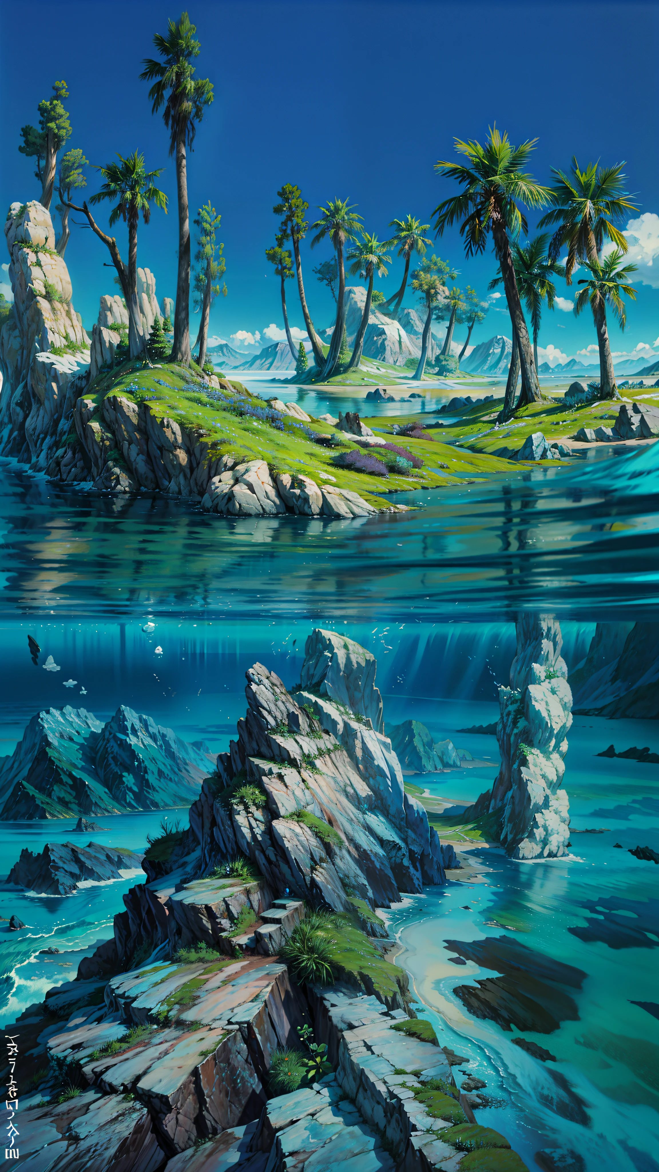 a painting of an ocean scene with a mountain in the background, fantasy sea landscape, by RHADS, ocean background setting, fantasy matte painting,cute, underwater landscape, ornate sea background, under water scenery, sea background, ocean background, underwater environment, underwater scenery, beautiful oil matte painting, underwater scene, matte painting”, matte painting ”, realistic ocean, 4k hd,, beautiful art uhd 4 k, a beautiful artwork illustration, beautiful digital painting, highly detailed digital painting, beautiful digital artwork, detailed painting 4 k, very detailed digital painting, rich picturesque colors, gorgeous digital painting