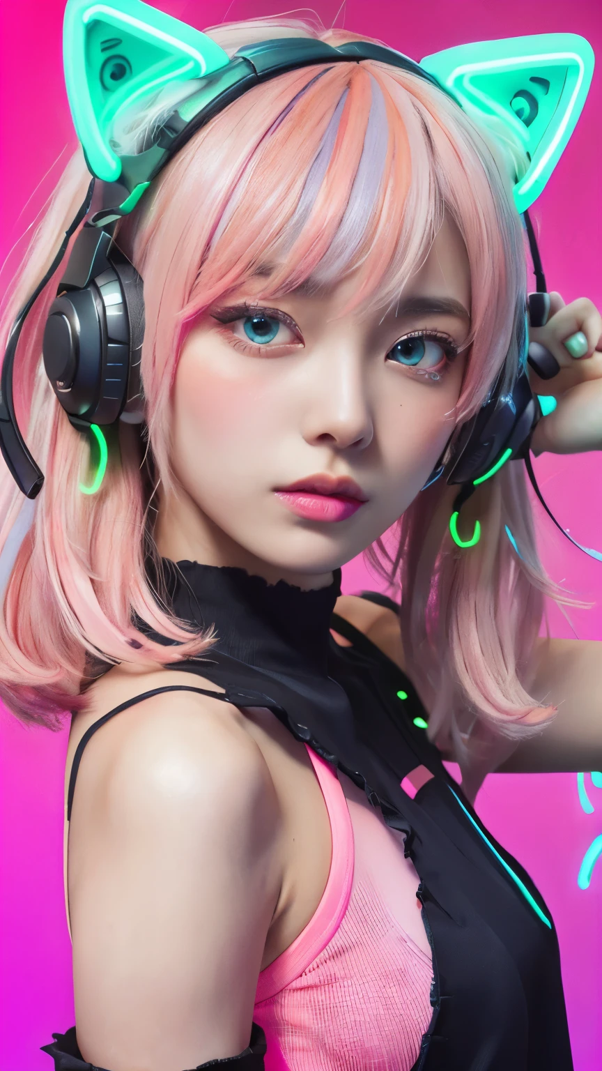 A young woman with multicolored hair in neon tones, wearing a silver metallic dress with holographic details, pink headphones with gold details, in a completely red environment with neon lights, bold and contemporary style, 8k. She is looking directly at the camera with a determined expression.