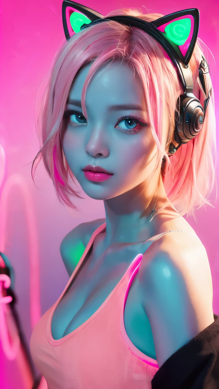 (Neon pink thema:1.2), masterpiece, highest quality, 4K, (Photorealistic), bokeh, enlightenment,(1 perfect portrait of a girl), (A fascinating eye for perfect detail:1.2), colorful hair, (gradient hair), (neon pink soft hair:1.6), (Cat ear:1.2), fantasy background, (exposed bare shoulders), (long-term alienation sleeve), (lean forward a little), head tilt, (movie lighting:1.2), oversized clothes, (seductive pose:1.4), (neon pink background:1.6), blue beautiful eyes, close up,