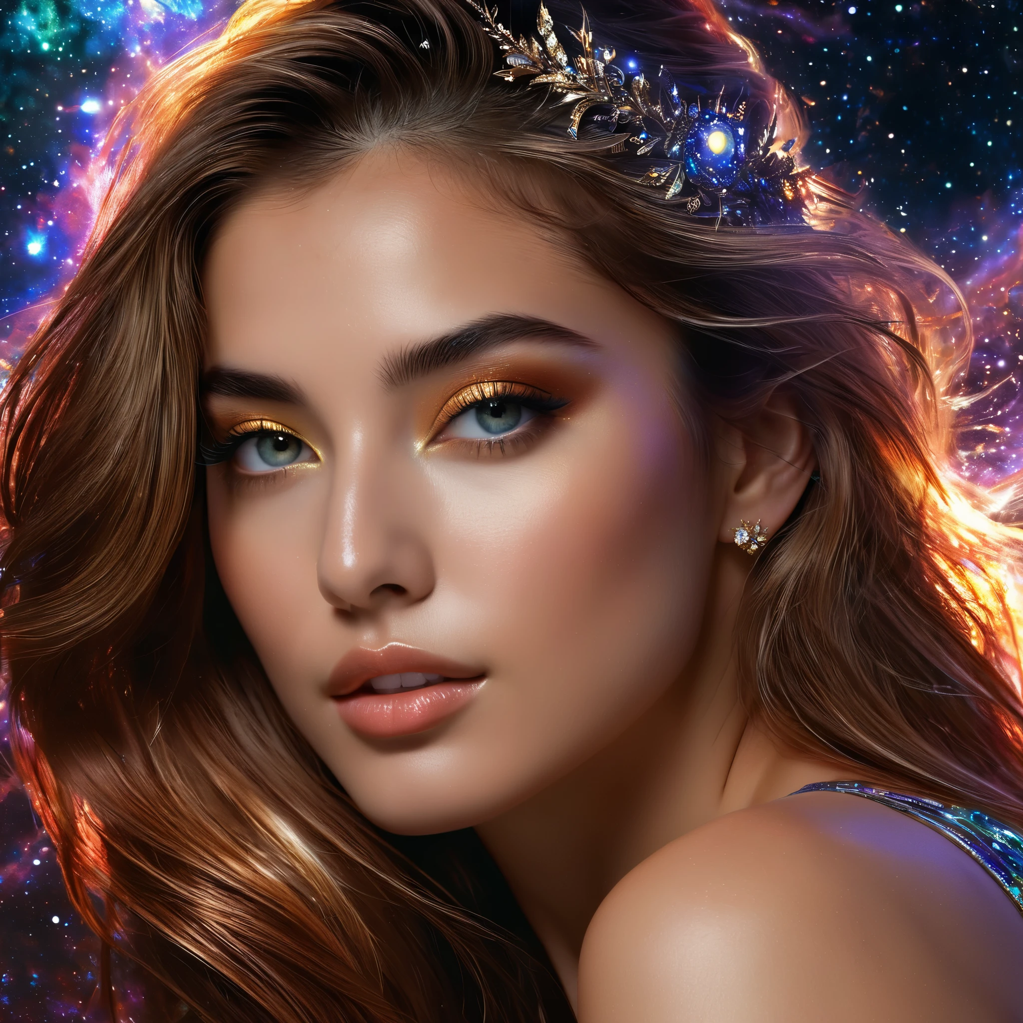 (Highest Quality,High Resolution,Masterpiece:1.2),Ultra-Detailed,(Realistic,Photorealistic,Photorealistic:1.37)(goddess of cosmic love:1.1,beautiful:1.1,astral body:1.1),divine goddess,celestial beauty,supernatural presence,spectacular cosmic entity,majestic celestial being,dazzling aura,ethereal radiance,transcendent elegance,(luminous energy:1.1),(immortal deity:1.2),heavenly grace,mystical attire,serene expression,golden hair flowing,(shimmering eyes:1.1),(ethereal beauty:1.1),magnificent celestial realm,divine love and compassion,colorful nebulae dancing in the background,glowing stardust particles floating around her,galaxies swirling around her as her divine power expands,infinite space stretching far beyond the horizon,hint of magic(twinkle of magic:1.1),cosmic rays bathing the scene in a celestial glow,(vibrant hues:1.1),(cosmic colors:1.1),soothing color palette,evoking feelings of peace and tranquility,majestic divine presence that fills the whole universe,magical atmosphere,(delicate details:1.1),fine brushstrokes creating intricate patterns,(ethereal strokes:1.1),(dreamlike strokes:1.1),highly detailed rendering of her celestial features,subtle gradients giving depth to the image,meticulously crafted textures that bring her to life,impeccably realistic portrayal,(impressive definition:1.1),(stunning realism:1.1),immaculate attention to detail as every strand of hair is visible,(impeccable photorealism:1.1),(ultra-detailed illustration:1.1),(masterpiece of art:1.1),perfectly composed composition with balanced lighting and shadows,soft yet vibrant illumination highlighting her divine beauty,magical glow emanating from her celestial body,subtle highlights and shadows adding depth and dimension,(sublime luminosity:1.1),(ethereal lighting:1.1),(radiant glow:1.1),(harmonious lighting:1.1)