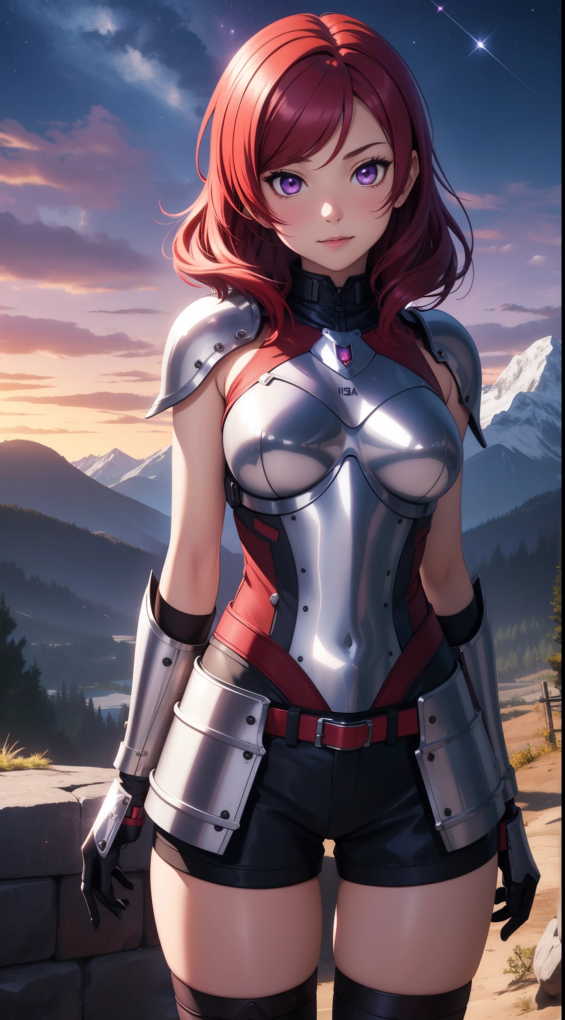 (Masterpiece, Best Quality, High Quality), facing viewer,volumetric lighting, illustration, beautiful, perfect lighting, perfect shadows,Nishikino maki , cowboy shot, (silver armor:1.2), short shorts, thighs, solo, (standing:0.8), purple eyes ,red hair ,in mountains,under moonlight 