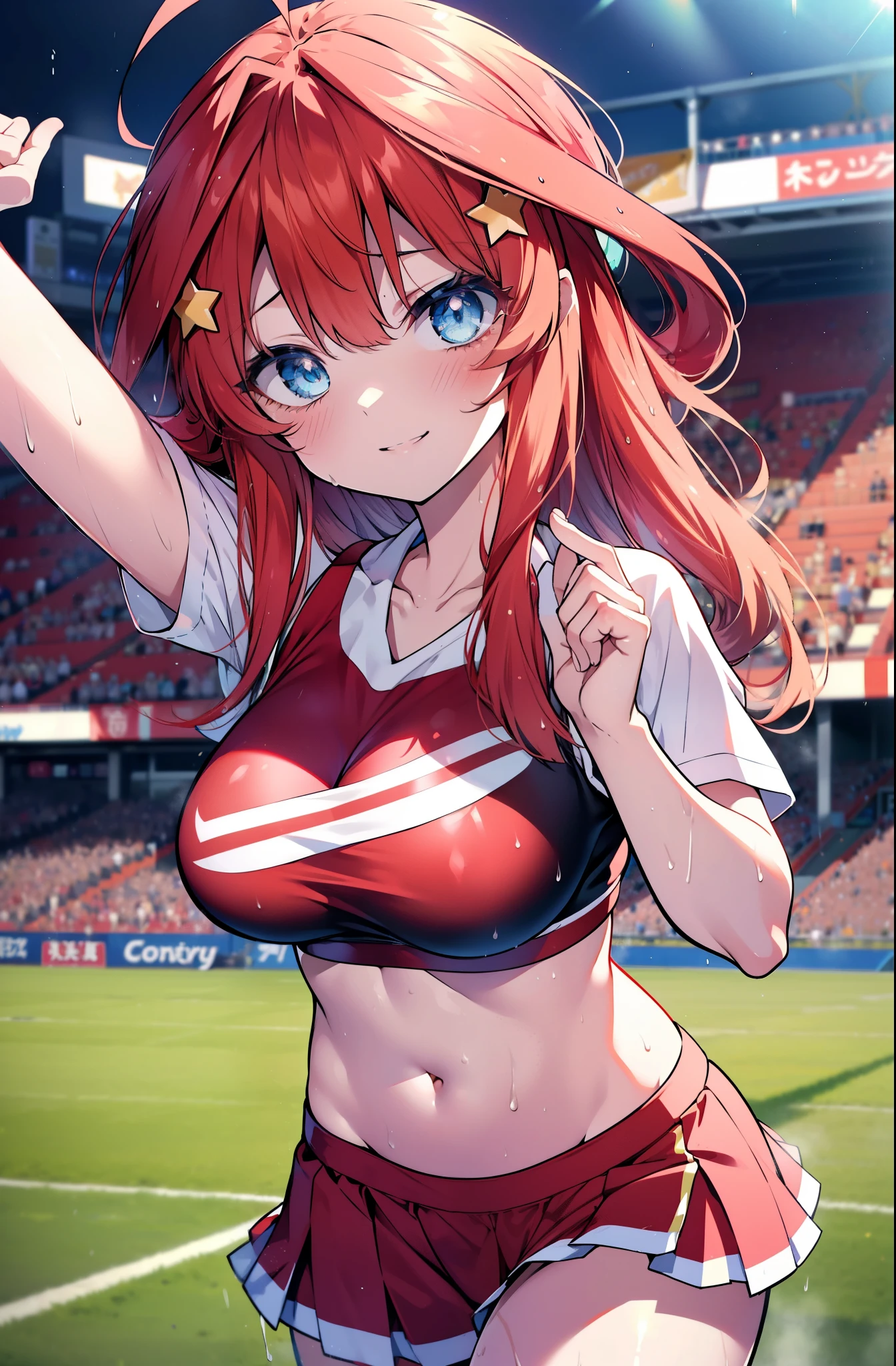 itsukinakano, itsuki nakano, bangs, blue eyes, hair between eyes, Ahoge, redhead, star \(symbol\), happy smile, smile, open your mouth,hair ornaments, star hair ornaments,(cheer leading), (whole body), big breasts, lower, (sweaty), sweaty Wet Clothes,()red clothes), , Navel support, playground, (jump), (jump), 足を曲げてjumpする, air, blue sky, Grass原, Smiling Cheerleader, pom pom \(cheer leading\), Grass,
break outdoors, stadium,
break looking at viewer, (cowboy shot:1.5),
break (masterpiece:1.2), highest quality, High resolution, unity 8k wallpaper, (figure:0.8), (detailed and beautiful eyes:1.6), highly detailed face, perfect lighting, Very detailed CG, (perfect hands, perfect anatomy),
