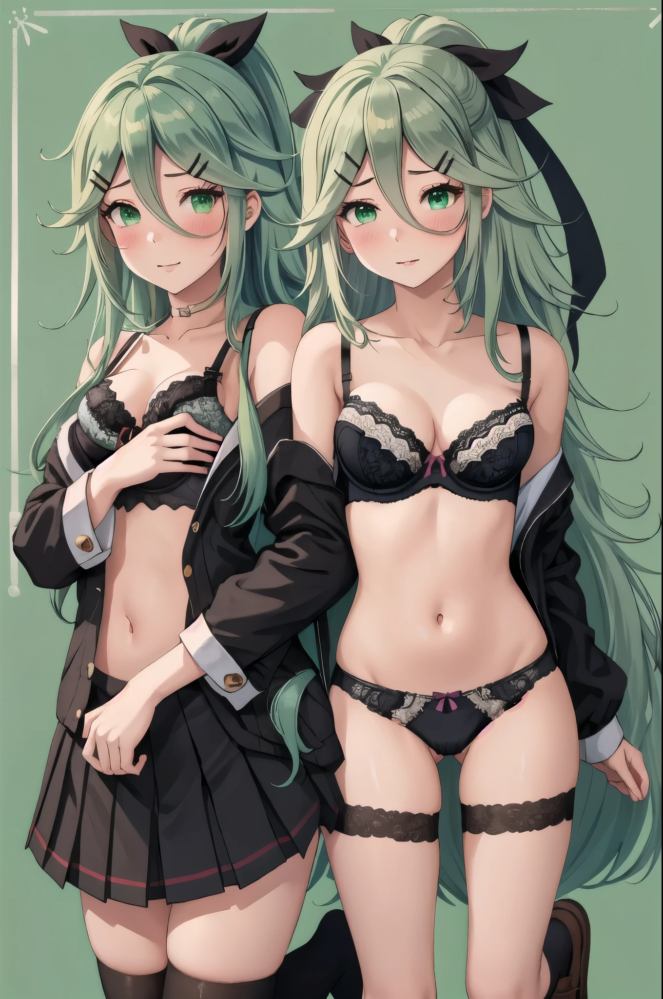 highest quality, masterpiece, High resolution, alone, {Yamakaze Kai 2_Fleet Collection:1.15}, green_hair, hair_between_eye, length_hair, hair_ornament, hairclip, ribbon, hair_ribbon, ponytail, black_ribbon, blush, green_eye, green_eye, 1 girl, classroom background, (full body figure), (), (bra), flashy underwear