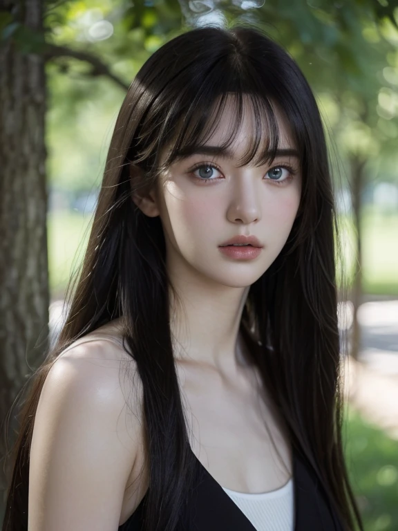 ( masterpiece, top quality, best quality,8k,17 years old girl,ultra detailed,raw photo:1.5),(photorealistic:1.4), (long hair,parted bangs, black hair:1.5), (cinematic lighting), PerfectNwsjMajic, , Surrealism, UHD, ccurate, Super detail, textured skin, High detail, Best quality, dynamic angle, White skin,[Beautiful blue eyes], high nose,[flat chest:large breasts:0.5],(1girl),(good anatomy:0.5)),(outside )