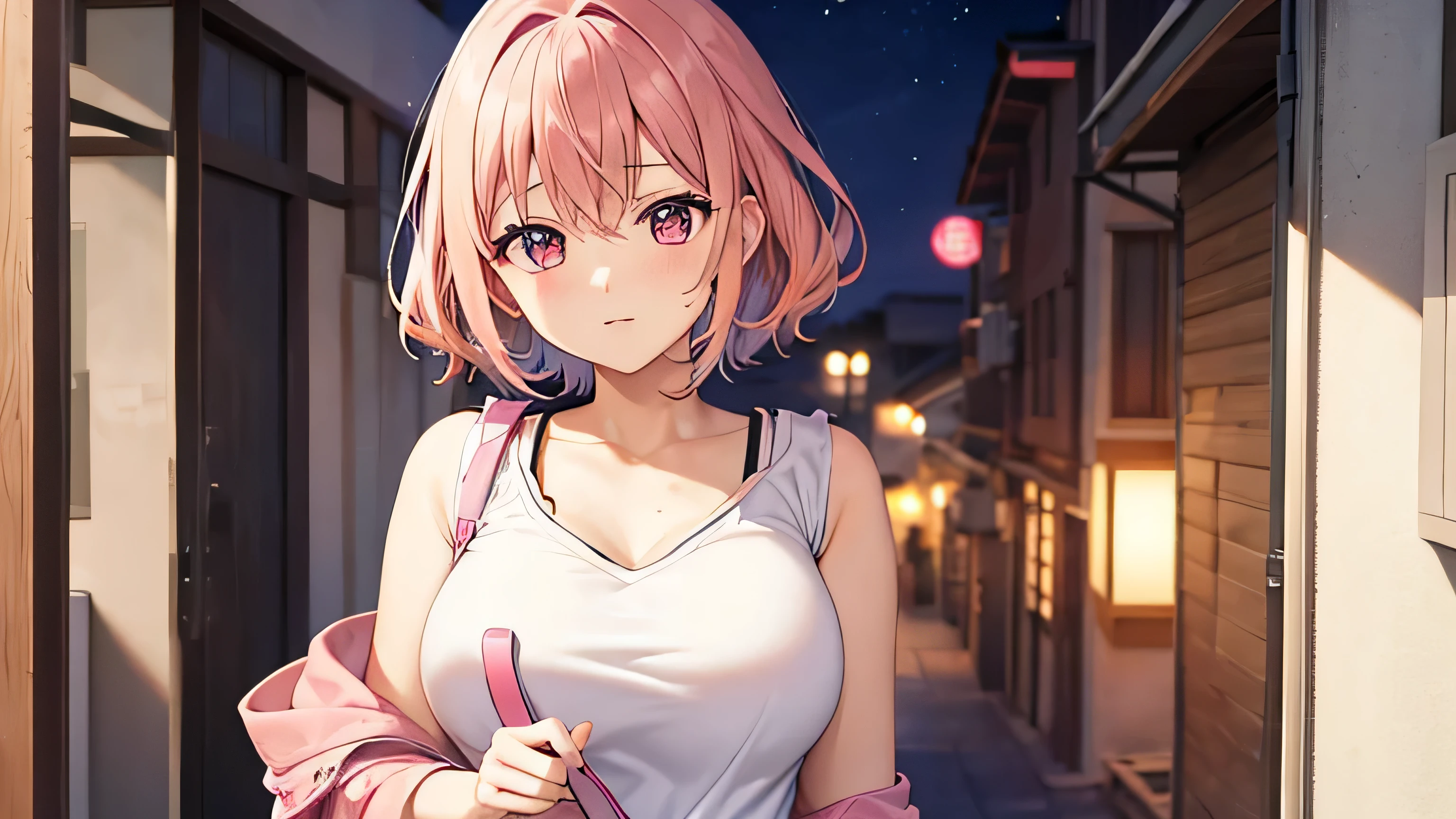 anime、pink hair、big breasts、valley、white shirt、pink shorts、inside the house、one person、Shoulder bag、In town、night