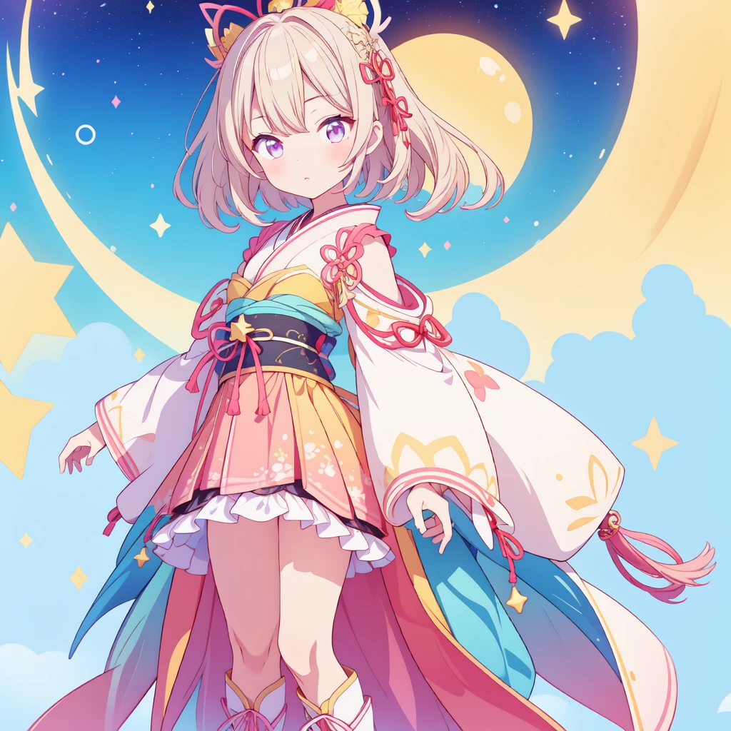 1girl、vtuber-fullbody、Star Fairy、masterpiece、official art、Super detailed、super beautiful、かわいいStar Fairy、white straight short hair、Milky Way、universe、star charm、star、、Knee-high boots、Japanese pattern dress、A beautiful girl wearing black and white clothes that are a remake of a yukata.、universeを思わせるOiranフリルドレス、Oiran