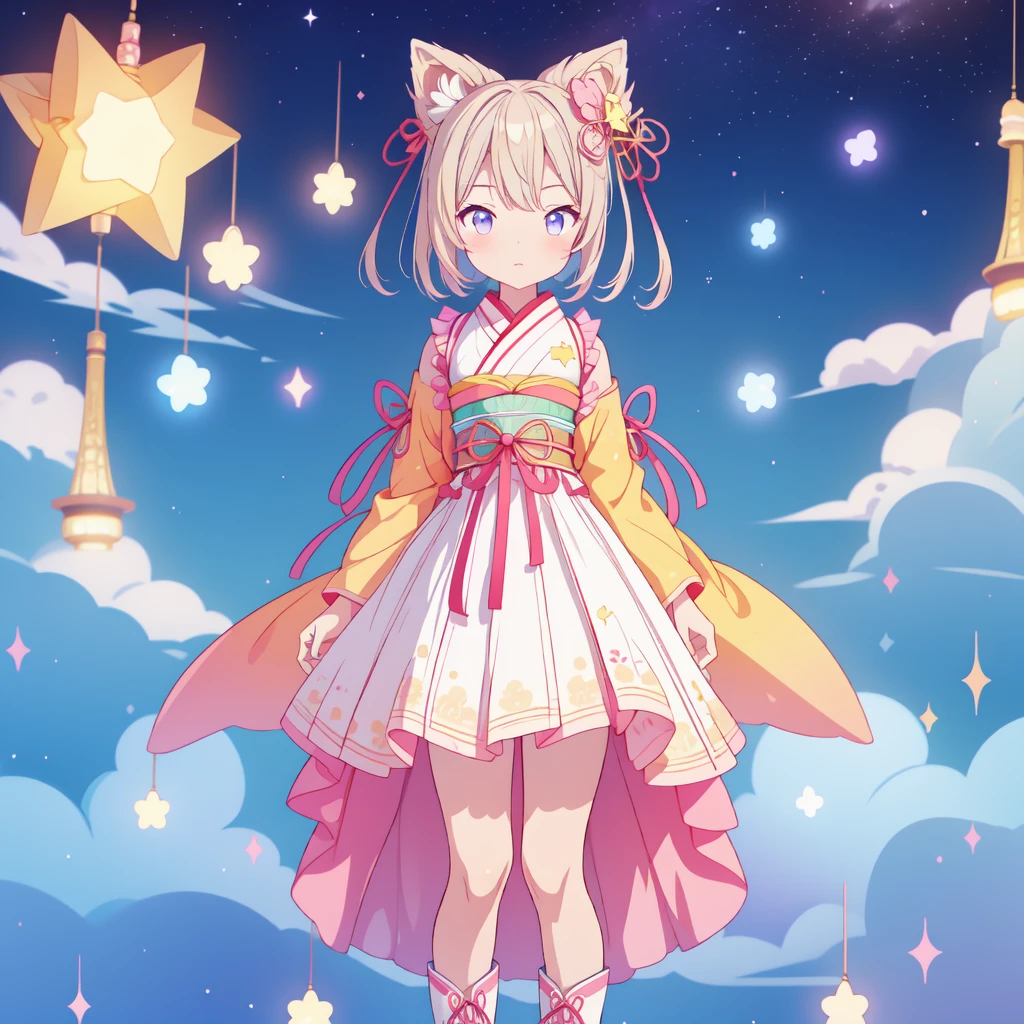 1girl、vtuber-fullbody、Star Fairy、masterpiece、official art、Super detailed、super beautiful、かわいいStar Fairy、white straight short hair、Milky Way、universe、star charm、star、baby face、Knee-high boots、Japanese pattern dress、A beautiful girl wearing black and white clothes that are a remake of a yukata.、universeを思わせるOiranフリルドレス、Oiran