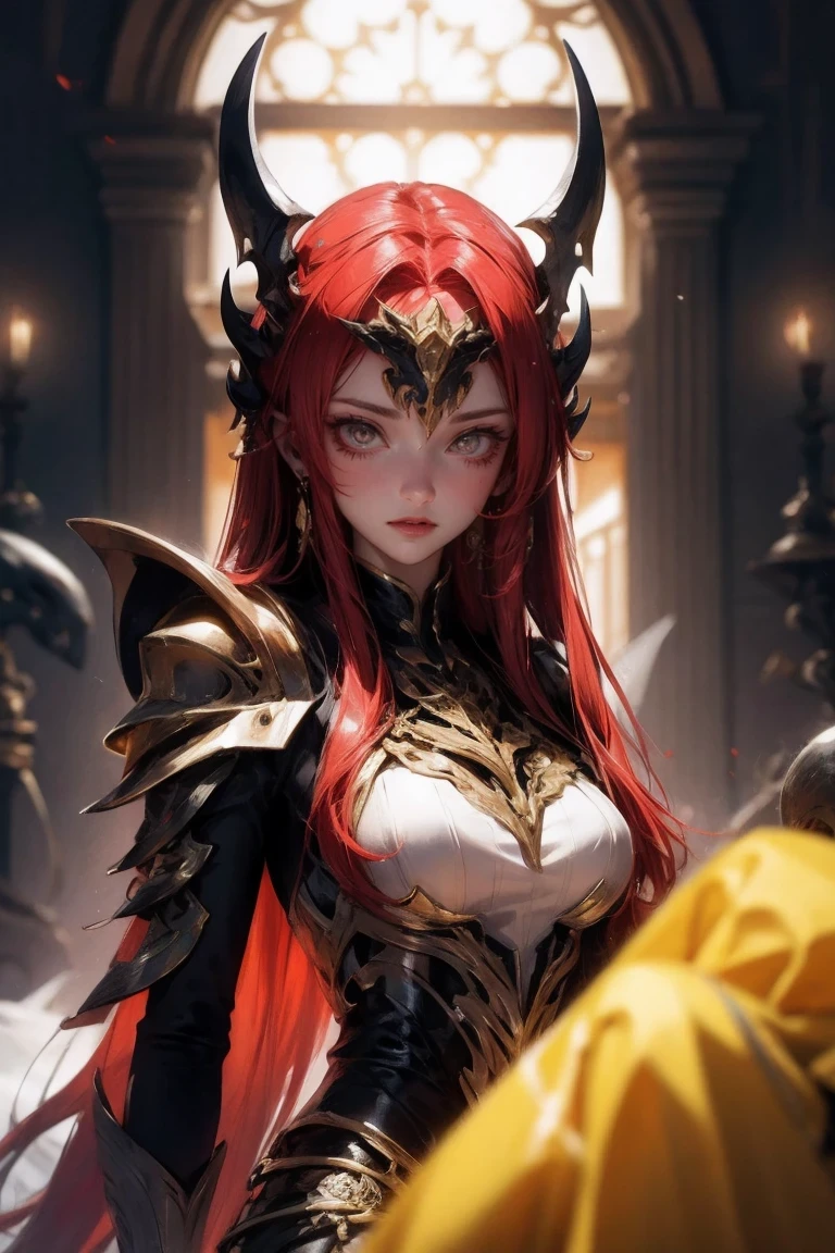 beautiful tall woman，Red hair，yellow eyes，Surreal，Detailed suit