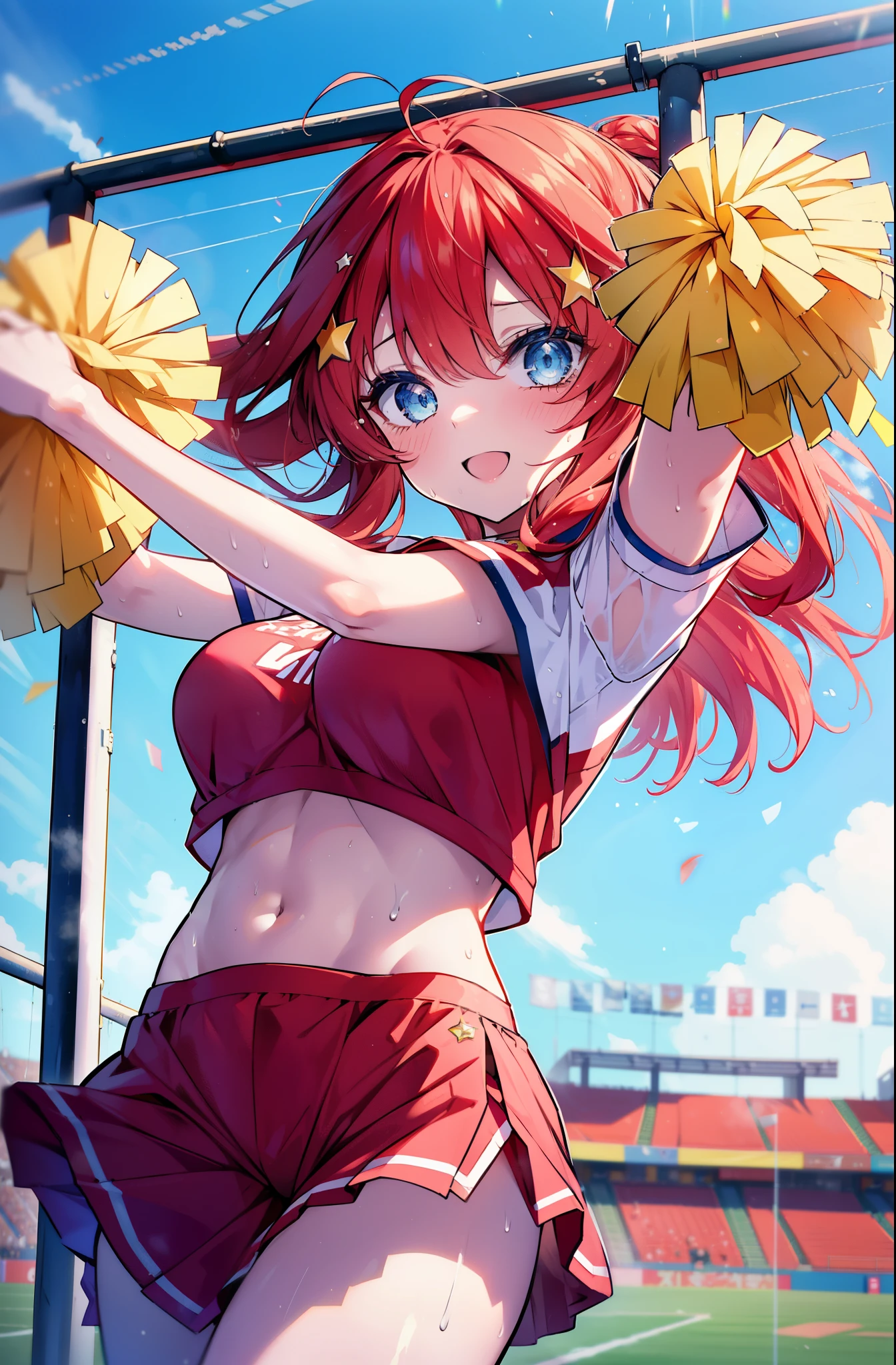 itsukinakano, itsuki nakano, bangs, blue eyes, hair between eyes, Ahoge, redhead, star \(symbol\), happy smile, smile, open your mouth,hair ornaments, star hair ornaments,(cheer leading), (whole body), big breasts, lower, (sweaty), sweaty Wet Clothes,()red clothes), , Navel support, playground, (jump), (jump), 足を曲げてjumpする, air, blue sky, Grass原, Smiling Cheerleader, pom pom \(cheer leading\), Grass, 
break outdoors, stadium,
break looking at viewer, (cowboy shot:1.5),
break (masterpiece:1.2), highest quality, High resolution, unity 8k wallpaper, (figure:0.8), (detailed and beautiful eyes:1.6), highly detailed face, perfect lighting, Very detailed CG, (perfect hands, perfect anatomy),