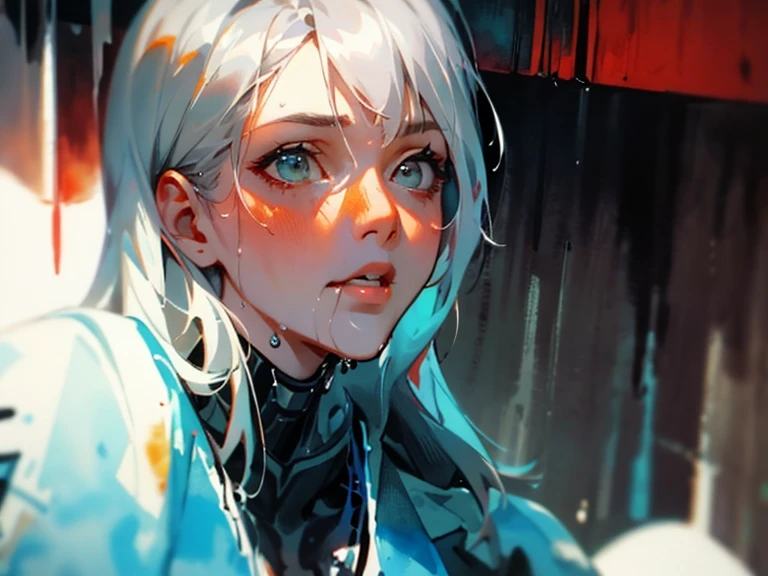 A stunningly beautiful young woman in an apocalyptic, devastated world, beautiful silver hair, Camouflage pattern combat suit, Portrait by Willem Henraets, watercolor, Wet-on-wet and splatter techniques, in the center, perfect composition, abstraction, surrealism, masterpiece, cinematic lighting, masterpiece