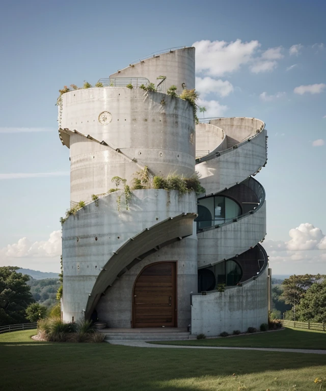 exterior house, plant, curve house, curve wall, spiral staire, plant around the building, sky, trees, the building in forest, surrounded by green grass hills, All pictures are real, 100% real pictures, high quality, clear pictures , hyper realistic, depth of field , modern architecture, minimal architecture , futuristic architecture