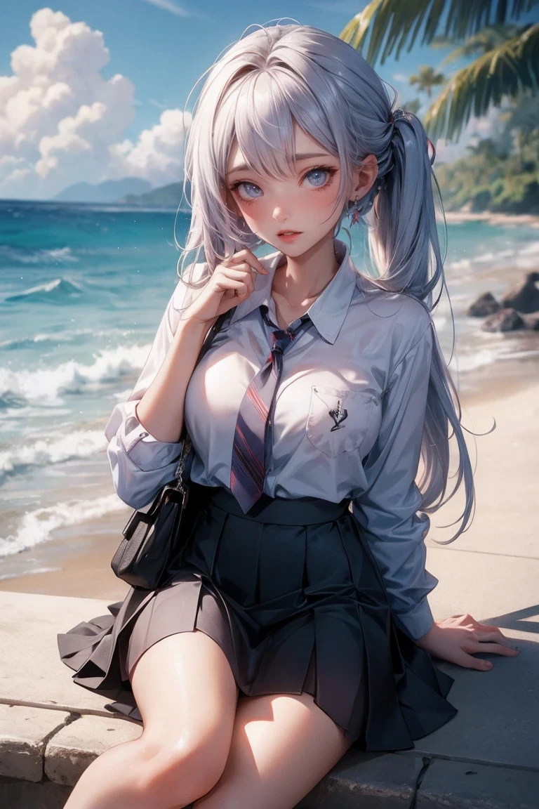 (One girl, 28 years old:1.3), (Realistic:1.4), (masterpiece, highest quality, highest quality, Official Art), Very detailed, Most detailed, (Super detailed), ((Very delicate and beautiful)), Cinematic Light, (Realistically:1.3), (Highly detailed skin:1.2), High resolution, 8k UHD, 4K, 8k, Bokeh, Digital single-lens reflex camera,（Cute older sister:1.3）、Long eyelashes、Slanted Eyes、Troubled face, typhoon、storm、noon、Aggressive、((Strong winds))、 Dynamic Angle, From above, Small breasts, Focus on the chest、 V-neck, Spread your legs a little、Henry Shirt、skirt、Silver Hair、shy、Wet、rain