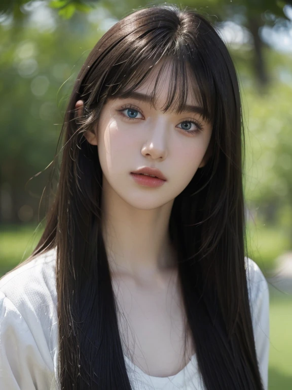 ( masterpiece, top quality, best quality,8k, girl,ultra detailed,raw photo:1.5),(photorealistic:1.4), (long hair,parted bangs, black hair:1.5), (cinematic lighting), PerfectNwsjMajic, , Surrealism, UHD, ccurate, Super detail, textured skin, High detail, Best quality, dynamic angle, White skin,[Beautiful blue eyes], high nose,[flat chest:large breasts:0.5],(1girl),(good anatomy:0.5)),(outside )