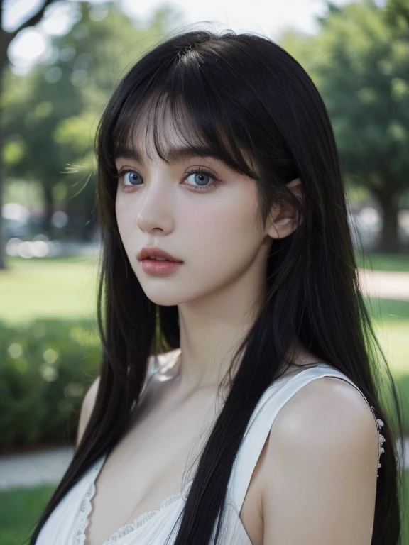 ( masterpiece, top quality, best quality,8k,17 years old girl,ultra detailed,raw photo:1.5),(photorealistic:1.4), (long hair,parted bangs, black hair:1.5), (cinematic lighting), PerfectNwsjMajic, , Surrealism, UHD, ccurate, Super detail, textured skin, High detail, Best quality, dynamic angle, White skin,[Beautiful blue eyes], high nose,[flat chest:large breasts:0.5],(1girl),(good anatomy:0.5)),(outside )