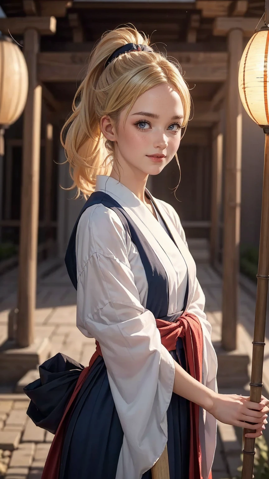 blonde hair, gradient hair, hair over shoulder, hair behind ear, longeyelashes, light smile, Surrealism, depth of field, atmospheric perspective, foreshortening, UHD, anatomically correct, highres, 16k、 ((最high quality, 8K, masterpiece: 1.3, Ultra HD, high quality, 最high quality, High resolution, realism)) 、(high color saturation:1.0), (highly detailed skin), (最high quality:1.0), (超High resolution:1.0) ,(realistic:1.0), (Super detailed:1.0), (8K, Raw photo:1.1), slender、Slender, muscular body that&#39;s toned like an athlete&#39;s、I don&#39;t want my head to disappear from the screen.、25 year old white woman、shiny hair、Her hair color is blonde.、blue eyes、long hair、hair above one eye、smile、On the approach to a Japanese shrine、She is a shrine maiden.、Sweeping the grounds with a bamboo broom、Grinning ((light smile))、high ponytail, 8k