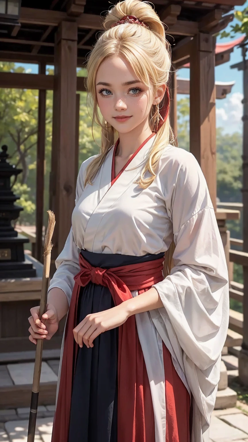 blonde hair, gradient hair, hair over shoulder, hair behind ear, longeyelashes, light smile, Surrealism, depth of field, atmospheric perspective, foreshortening, UHD, anatomically correct, highres, 16k、 ((最high quality, 8K, masterpiece: 1.3, Ultra HD, high quality, 最high quality, High resolution, realism)) 、(high color saturation:1.0), (highly detailed skin), (最high quality:1.0), (超High resolution:1.0) ,(realistic:1.0), (Super detailed:1.0), (8K, Raw photo:1.1), slender、Slender, muscular body that's toned like an athlete's、I don't want my head to disappear from the screen.、25 year old white woman、shiny hair、Her hair color is blonde.、blue eyes、long hair、hair above one eye、smile、On the approach to a Japanese shrine、She is a shrine maiden.、Sweeping the grounds with a bamboo broom、Grinning ((light smile))、high ponytail, 8k
