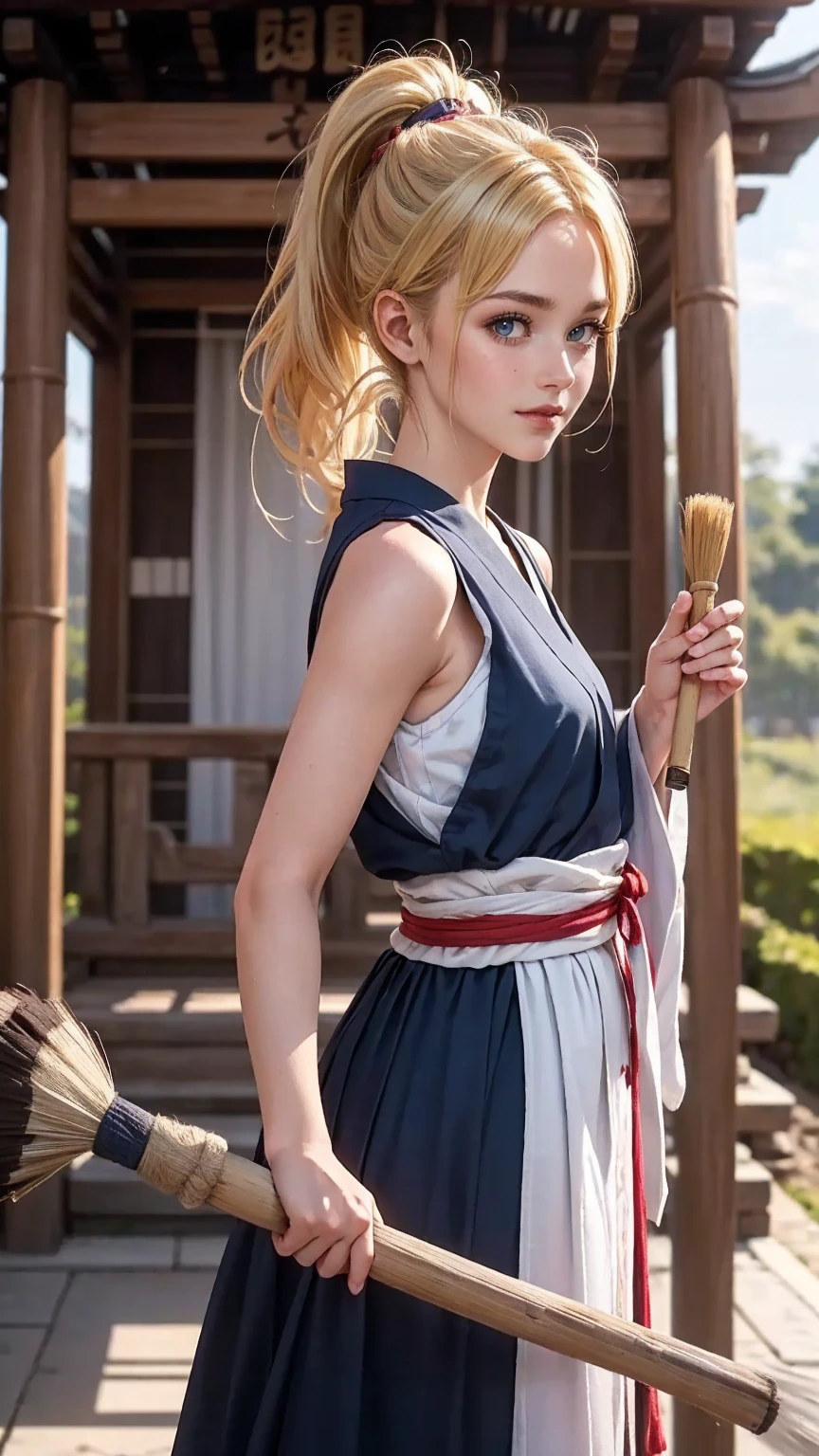blonde hair, gradient hair, hair over shoulder, hair behind ear, longeyelashes, light smile, Surrealism, depth of field, atmospheric perspective, foreshortening, UHD, anatomically correct, highres, 16k、 ((最high quality, 8K, masterpiece: 1.3, Ultra HD, high quality, 最high quality, High resolution, realism)) 、(high color saturation:1.0), (highly detailed skin), (最high quality:1.0), (超High resolution:1.0) ,(realistic:1.0), (Super detailed:1.0), (8K, Raw photo:1.1), slender、Slender, muscular body that&#39;s toned like an athlete&#39;s、I don&#39;t want my head to disappear from the screen.、25 year old white woman、shiny hair、Her hair color is blonde.、blue eyes、long hair、hair above one eye、smile、On the approach to a Japanese shrine、She is a shrine maiden.、Sweeping the grounds with a bamboo broom、Grinning ((light smile))、high ponytail, 8k