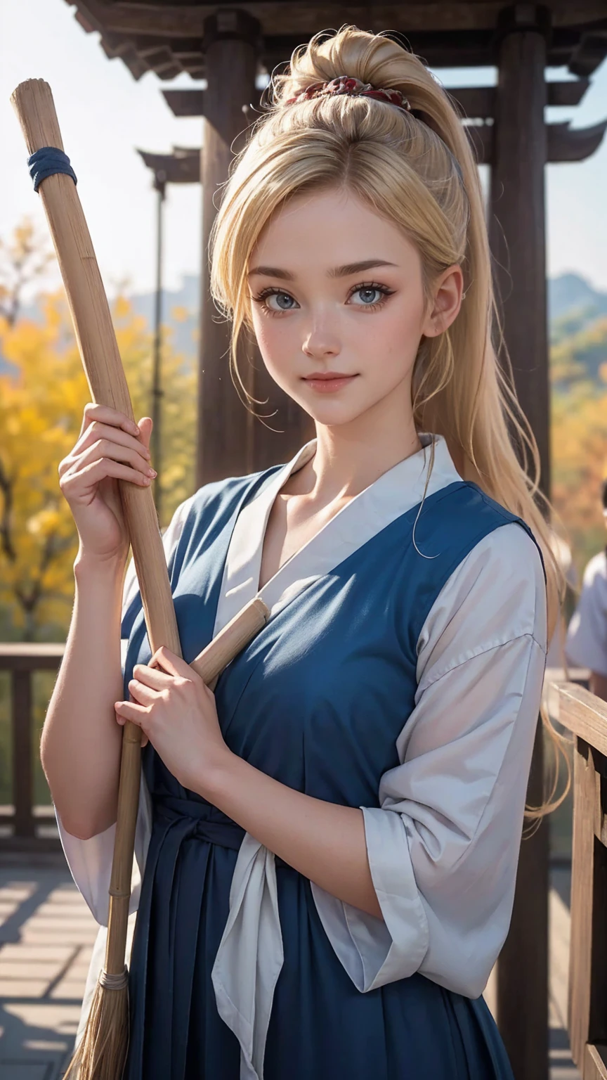 blonde hair, gradient hair, hair over shoulder, hair behind ear, longeyelashes, light smile, Surrealism, depth of field, atmospheric perspective, foreshortening, UHD, anatomically correct, highres, 16k、 ((最high quality, 8K, masterpiece: 1.3, Ultra HD, high quality, 最high quality, High resolution, realism)) 、(high color saturation:1.0), (highly detailed skin), (最high quality:1.0), (超High resolution:1.0) ,(realistic:1.0), (Super detailed:1.0), (8K, Raw photo:1.1), slender、Slender, muscular body that's toned like an athlete's、I don't want my head to disappear from the screen.、25 year old white woman、shiny hair、Her hair color is blonde.、blue eyes、long hair、hair above one eye、smile、On the approach to a Japanese shrine、She is a shrine maiden.、Sweeping the grounds with a bamboo broom、Grinning ((light smile))、high ponytail, 8k