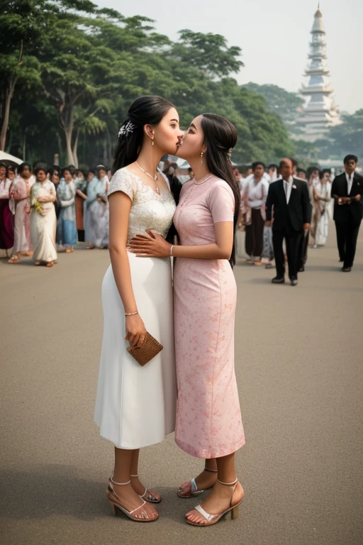 Yangon in 2 girls who gets married and stands in front of many people, kissing.