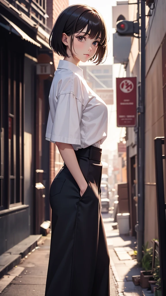 (Highly detailed CG unit 8k wallpaper, masterpiece, High resolution, highest quality, highest qualityのリアルテクスチャスキン), Fashion pose with hands in pockets:1.4, A cool NY fashion girl influenced by nostalgic and inorganic mode fashion., Nana Komatsu, Asymmetrical short hair, detailed costume, fine embroidery, Solid wide leg pants outfit:1.3, blurred background, An empty alley in New York:1.2, hyper realistic, digital painting, concept art,