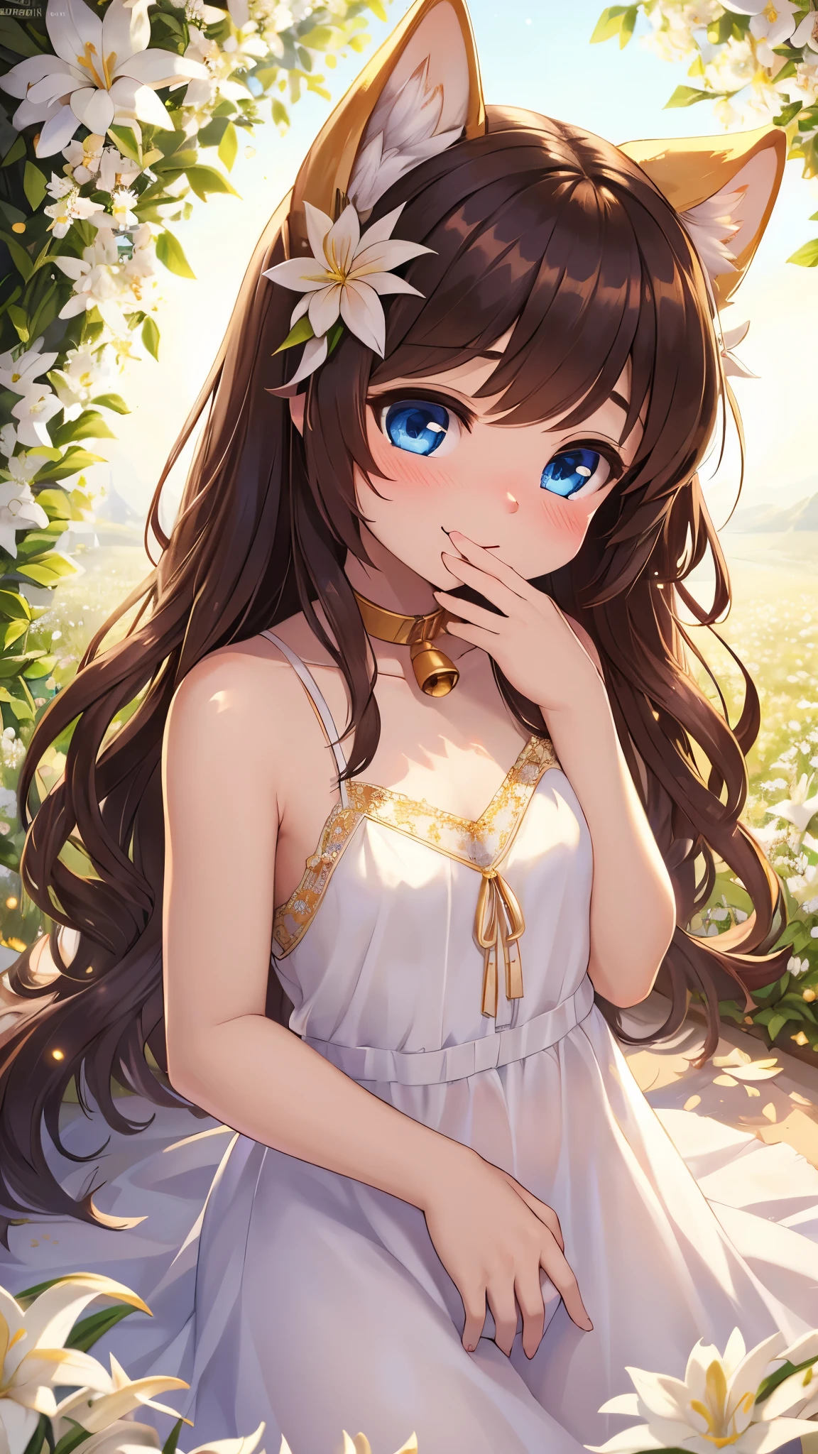 best quality,best resolution,extreme detailed,(young 1.6), dog girl,small breasts,dark brown long hair,wavy hair, blue eyes, glister eyes, sparkle eyes, gold canine ears, gold fur, flower hair ornaments,small bell collar, girl buried among white lilies of the valley,orange lillies,purple violets, hair waving in the wind,white lilies ornaments frame,romantic light,white transparent camisole,see through,looking at viewer,shy face,horny smile,full face blush,blend art,mixture art,desing art,16k,white lilies surrounded,hands at mouth,shy pose,upper body only,front view