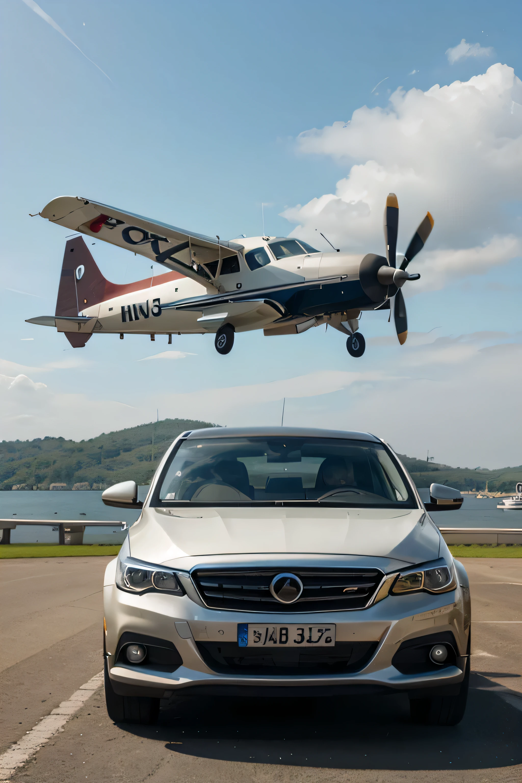 Types of transport. A plane is flying above, a car is flying below and a boat is on the right
