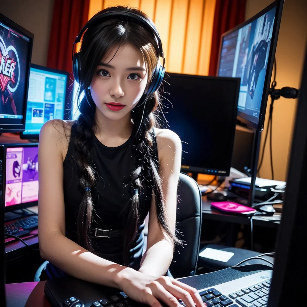 A girl with beautiful detailed eyes and lips, playing the game jinxlol. The artwork is a digital illustration with a medium of vibrant colors and cartoon-like style. The scene is set in a well-lit room, with a computer desk and gaming peripherals in the background. The girl is sitting in front of the computer, wearing gaming headphones and holding a mouse and keyboard. The screen shows a detailed gaming interface, with explosions and colorful effects. The artwork has the best quality, ultra-detailed, and realistic, with a touch of fantasy elements. The colors are vivid and vibrant, with a mix of warm and cool tones. The lighting creates a dynamic atmosphere, with bright highlights and subtle shadows.jinxlol