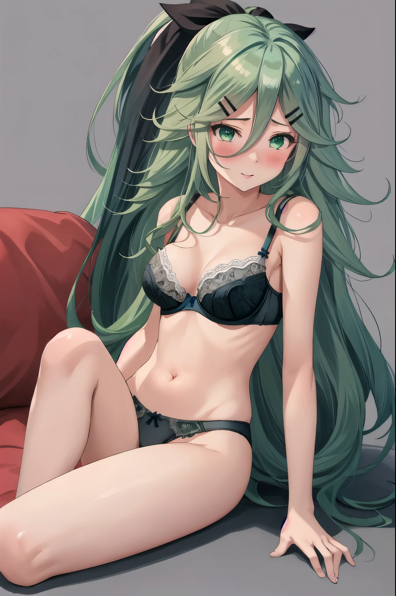 highest quality, masterpiece, High resolution, alone, {Yamakaze Kai 2_Fleet Collection:1.15}, green_hair, hair_between_eye, length_hair, hair_ornament, hairclip, ribbon, hair_ribbon, ponytail, black_ribbon, blush, green_eye, green_eye, 1 girl, School_uniform, simple_background, 教室background, (full body figure), (panties), (bra), flashy underwear