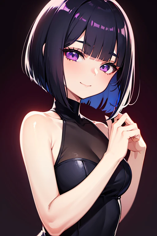 Anime-style portrait of a girl with a dark violet bob cut making eye contact with the camera, bright eyes, baby-faced, subtle smile, minimalistic background to emphasize character, high contrast, clean lines, digital painting, vivid colors