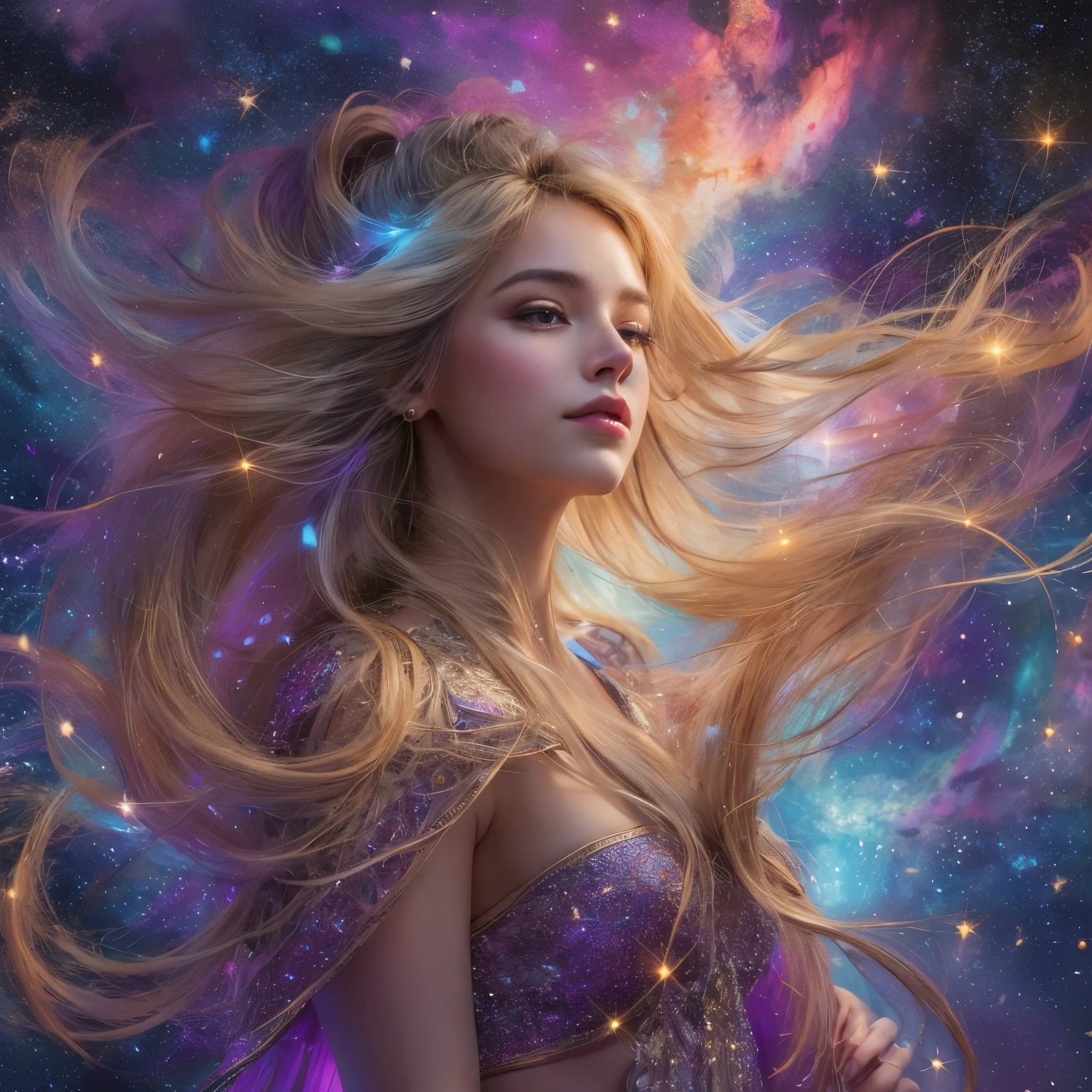 (Highest Quality,High Resolution,Masterpiece:1.2),Ultra-Detailed,(Realistic,Photorealistic,Photorealistic:1.37)(goddess of cosmic love:1.1,beautiful:1.1,astral body:1.1),divine goddess,celestial beauty,supernatural presence,spectacular cosmic entity,majestic celestial being,dazzling aura,ethereal radiance,transcendent elegance,(luminous energy:1.1),(immortal deity:1.2),heavenly grace,mystical attire,serene expression,golden hair flowing,(shimmering eyes:1.1),(ethereal beauty:1.1),magnificent celestial realm,divine love and compassion,colorful nebulae dancing in the background,glowing stardust particles floating around her,galaxies swirling around her as her divine power expands,infinite space stretching far beyond the horizon,hint of magic(twinkle of magic:1.1),cosmic rays bathing the scene in a celestial glow,(vibrant hues:1.1),(cosmic colors:1.1),soothing color palette,evoking feelings of peace and tranquility,majestic divine presence that fills the whole universe,magical atmosphere,(delicate details:1.1),fine brushstrokes creating intricate patterns,(ethereal strokes:1.1),(dreamlike strokes:1.1),highly detailed rendering of her celestial features,subtle gradients giving depth to the image,meticulously crafted textures that bring her to life,impeccably realistic portrayal,(impressive definition:1.1),(stunning realism:1.1),immaculate attention to detail as every strand of hair is visible,(impeccable photorealism:1.1),(ultra-detailed illustration:1.1),(masterpiece of art:1.1),perfectly composed composition with balanced lighting and shadows,soft yet vibrant illumination highlighting her divine beauty,magical glow emanating from her celestial body,subtle highlights and shadows adding depth and dimension,(sublime luminosity:1.1),(ethereal lighting:1.1),(radiant glow:1.1),(harmonious lighting:1.1)